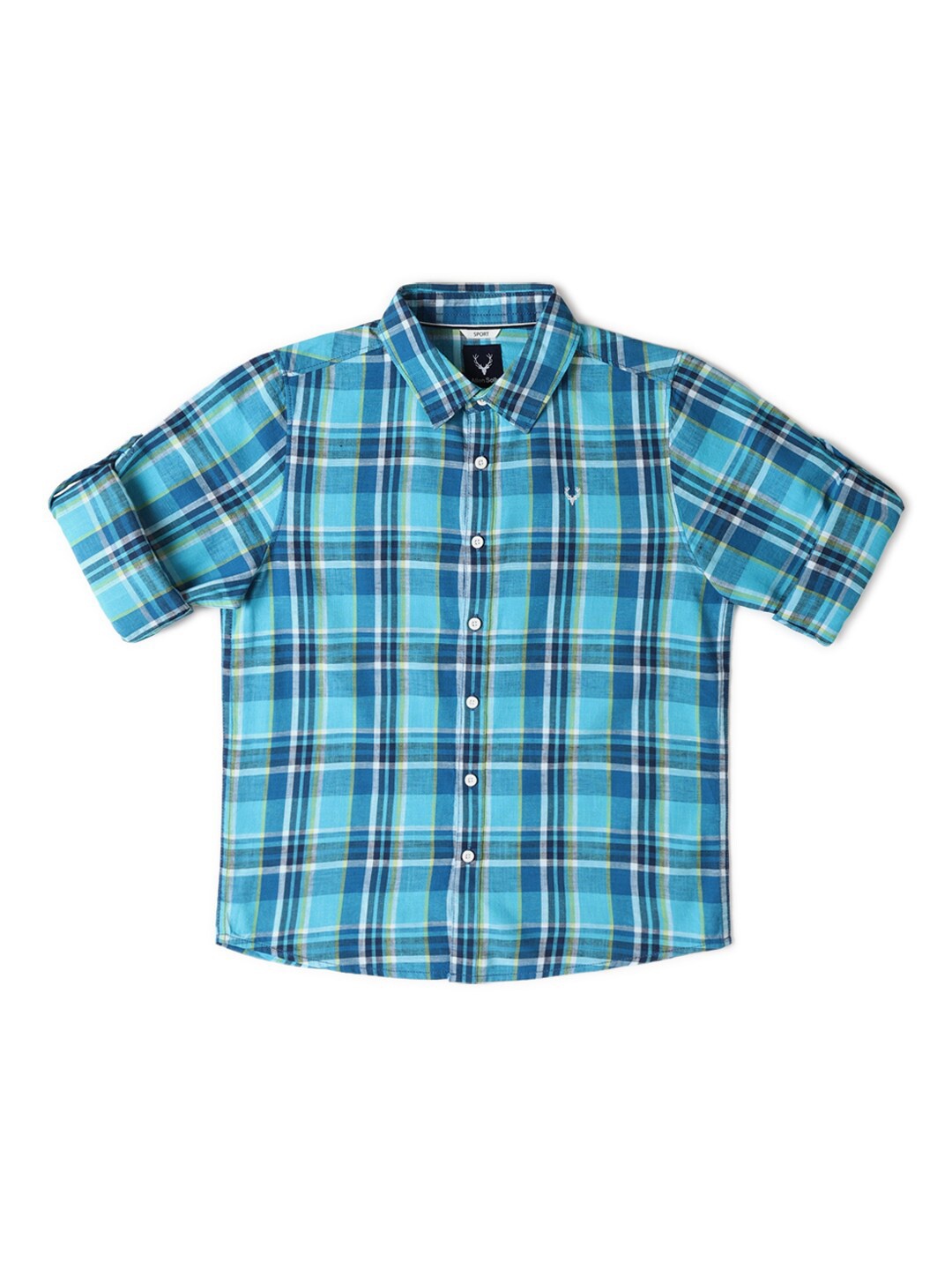 

Allen Solly Junior Boys Slim Fit Tartan Checked Roll-Up Sleeves Casual Shirt, Blue