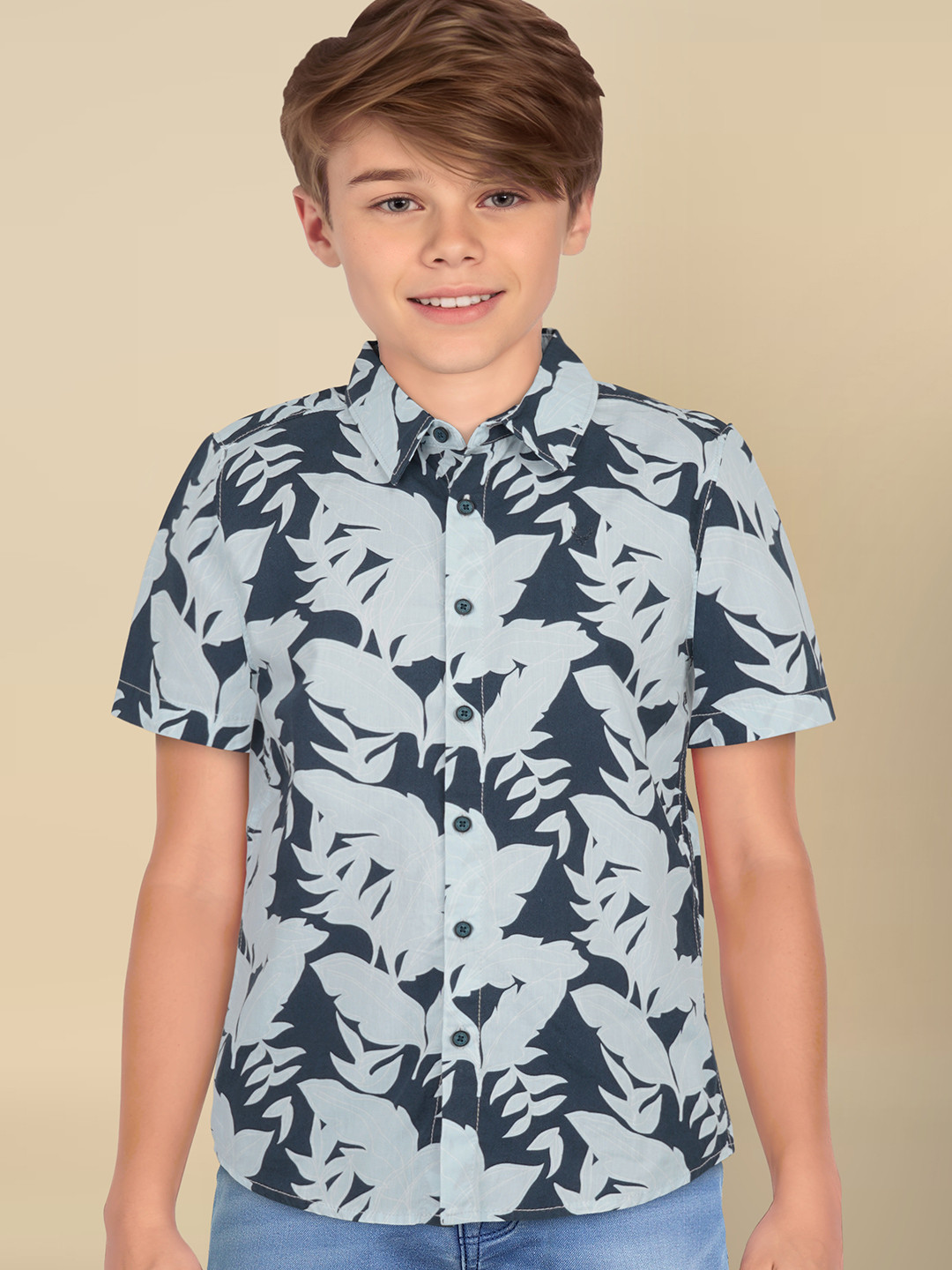 

Allen Solly Junior Boys Printed Spread Collar Short Sleeves Cotton Casual Shirt, Navy blue