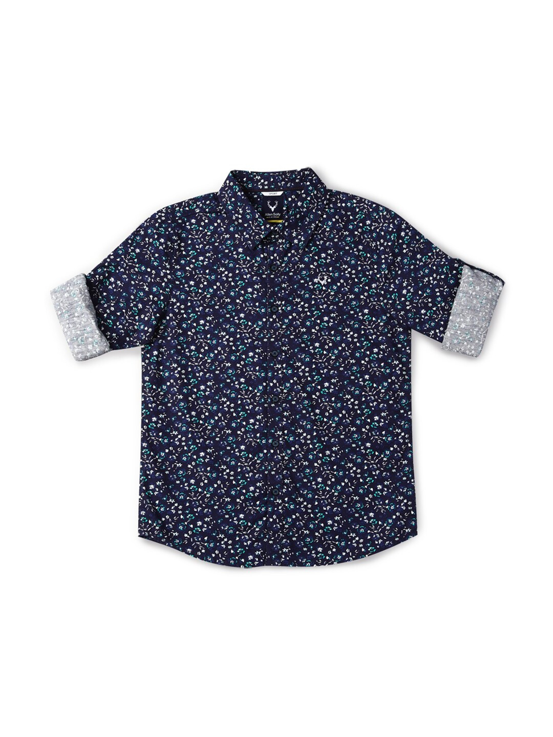 

Allen Solly Junior Boys Slim Fit Floral Printed Spread Collar Roll-Up Sleeves Shirt, Navy blue