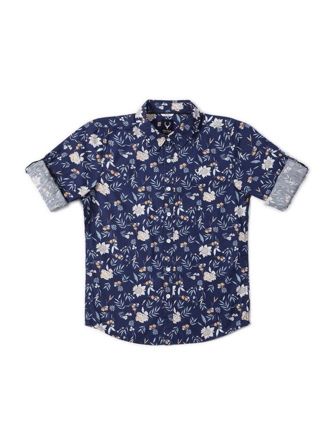 

Allen Solly Junior Boys Floral Printed Spread Collar Roll-Up Sleeves Cotton Shirt, Navy blue