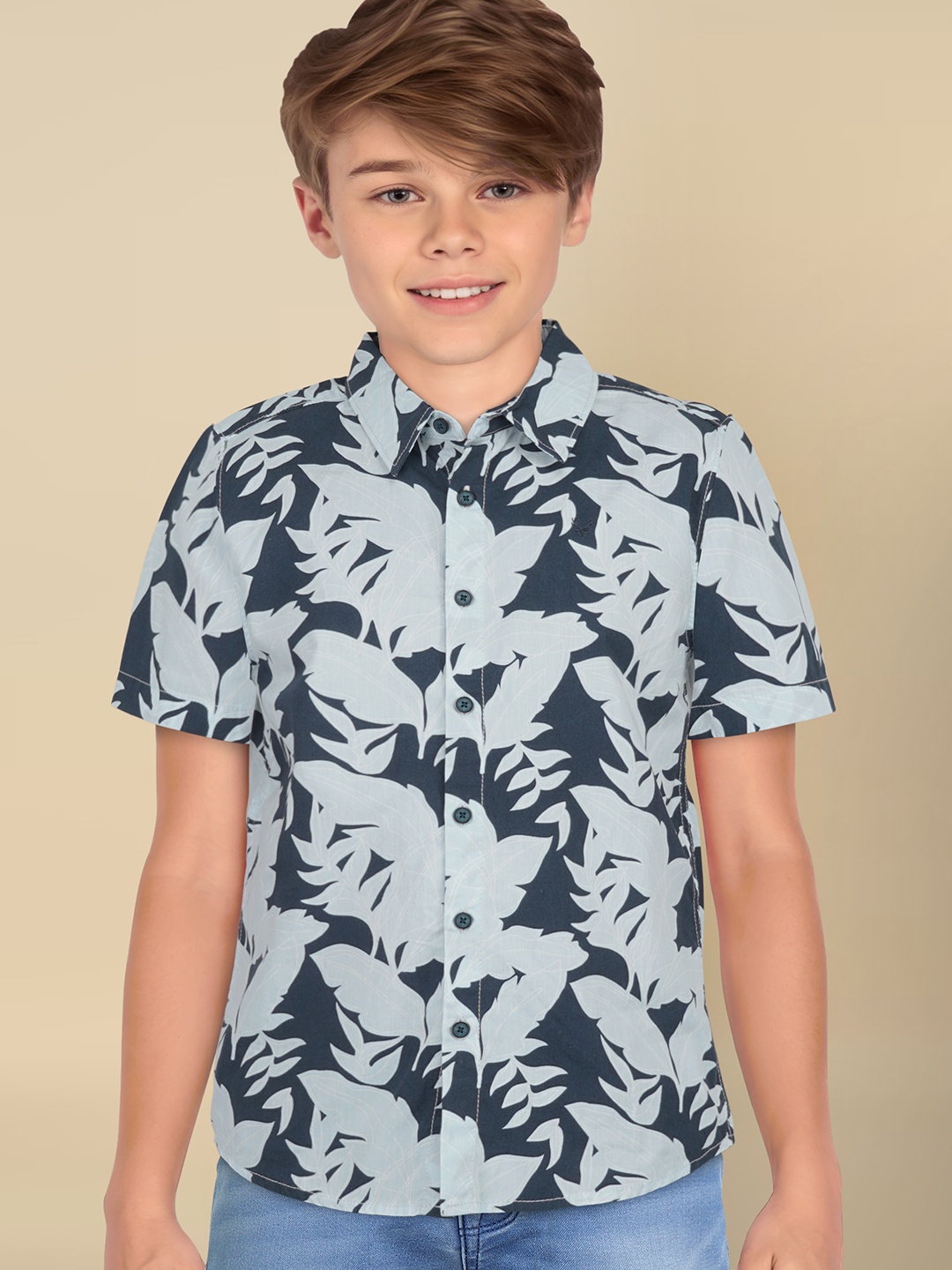 

Allen Solly Junior Boys Floral Printed Spread Collar Short Sleeves Cotton Shirt, Navy blue