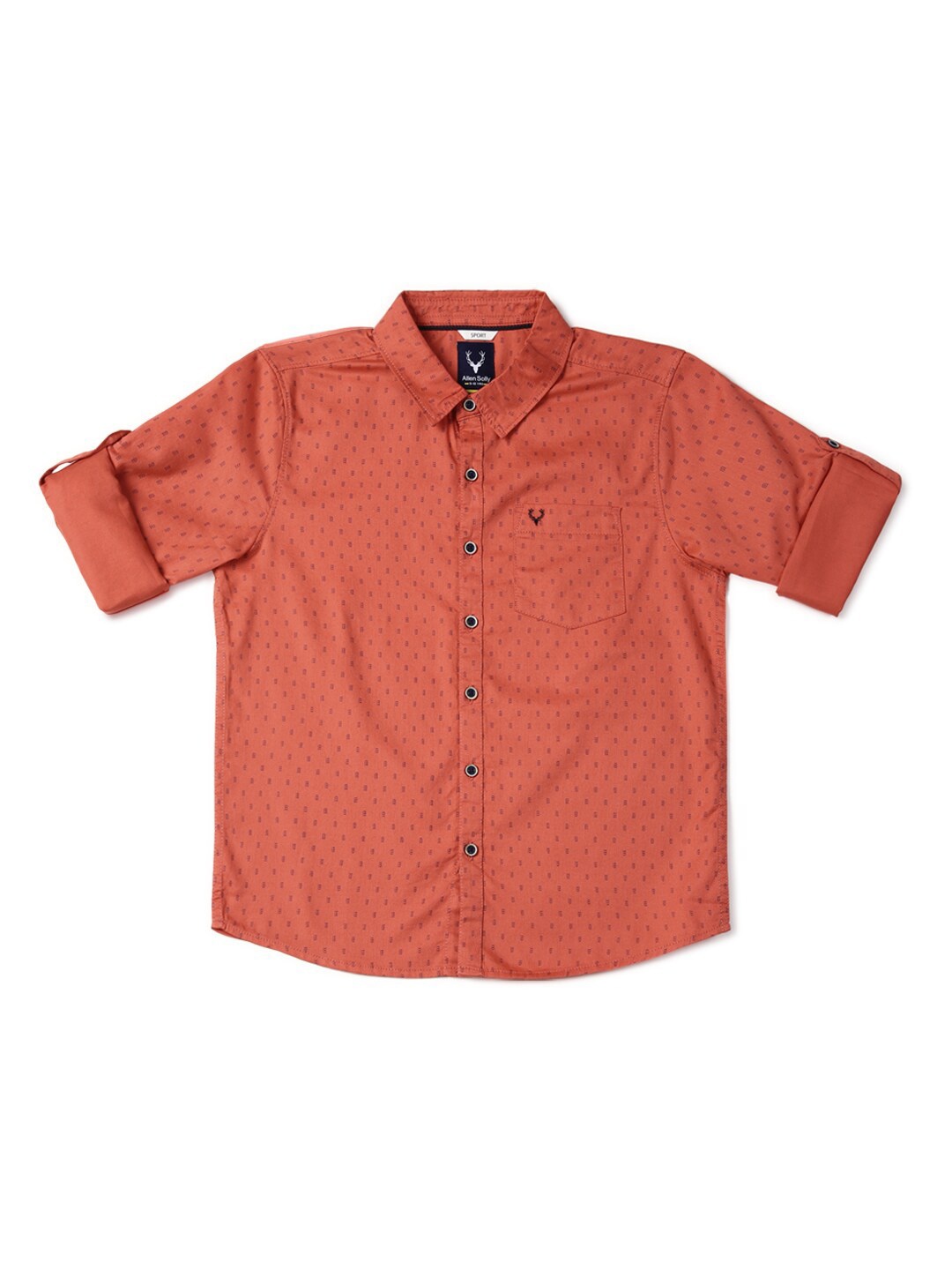 

Allen Solly Junior Boys Slim Fit Micro Ditsy Printed Spread Collar Roll-Up Sleeves Shirt, Orange