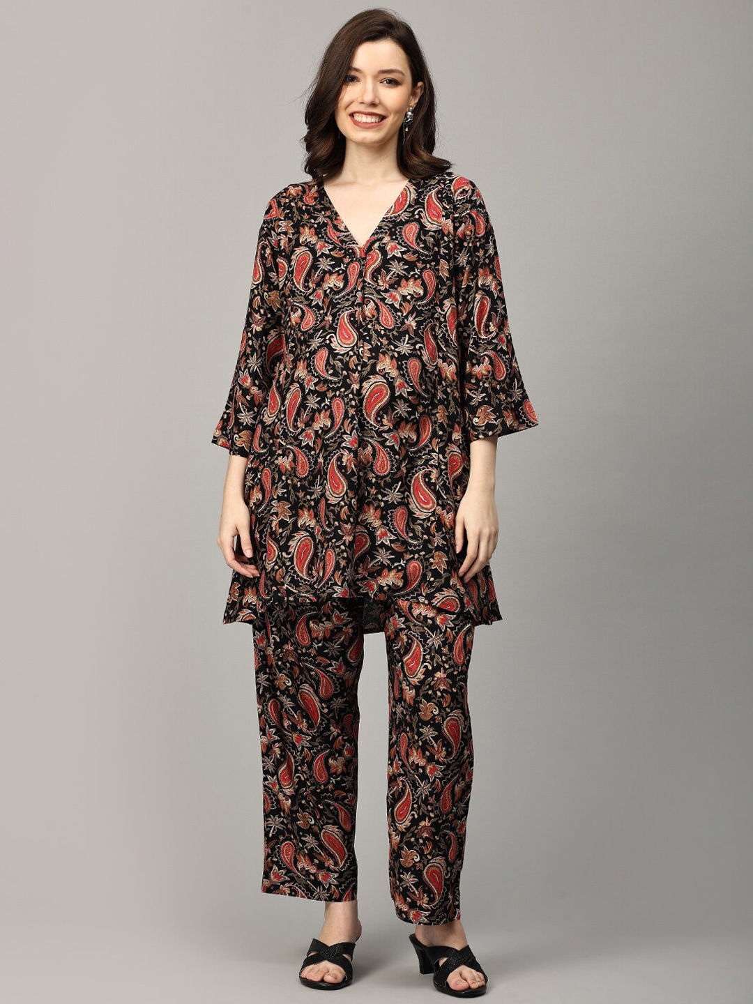 

The Mom Store Printed Top With Trousers Maternity & Nursing Co-Ords, Black