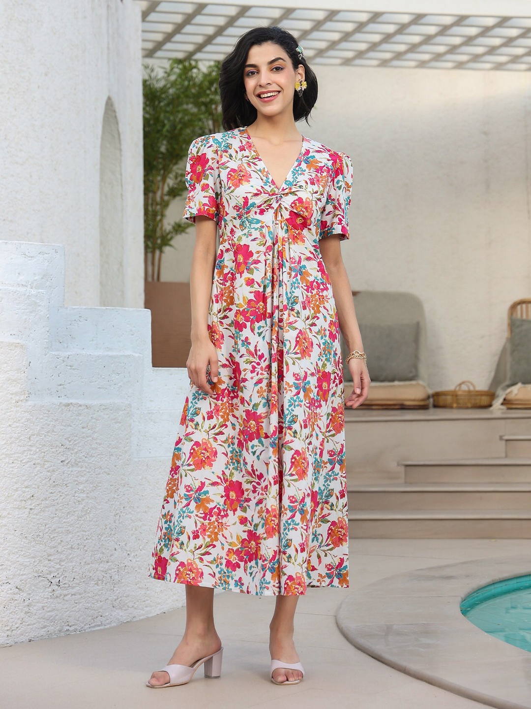 

JISORA Floral Printed Puff Sleeves Gathered Cotton Fit & Flare Midi Dress, White