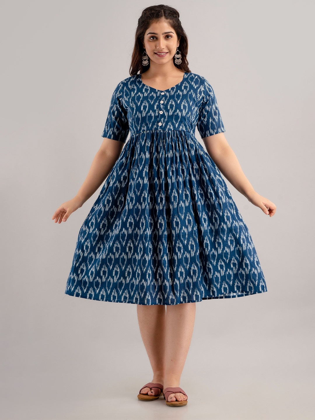 

CELEBRAVO Ikat Print Maternity Cotton Pleated Fit & Flare Dress, Blue