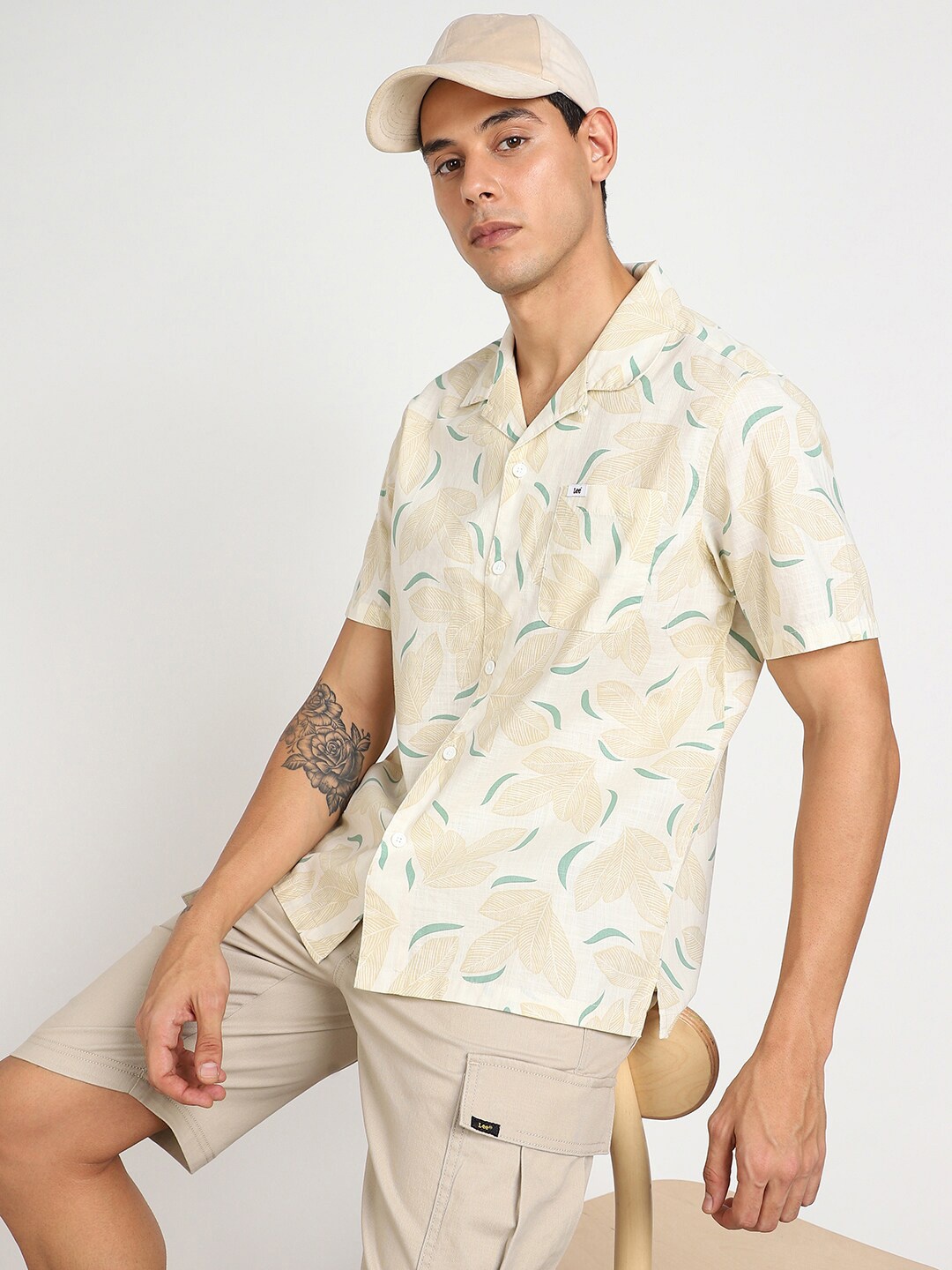 

Lee Classic Cuban Collar Opaque Printed Cotton Casual Shirt, Beige