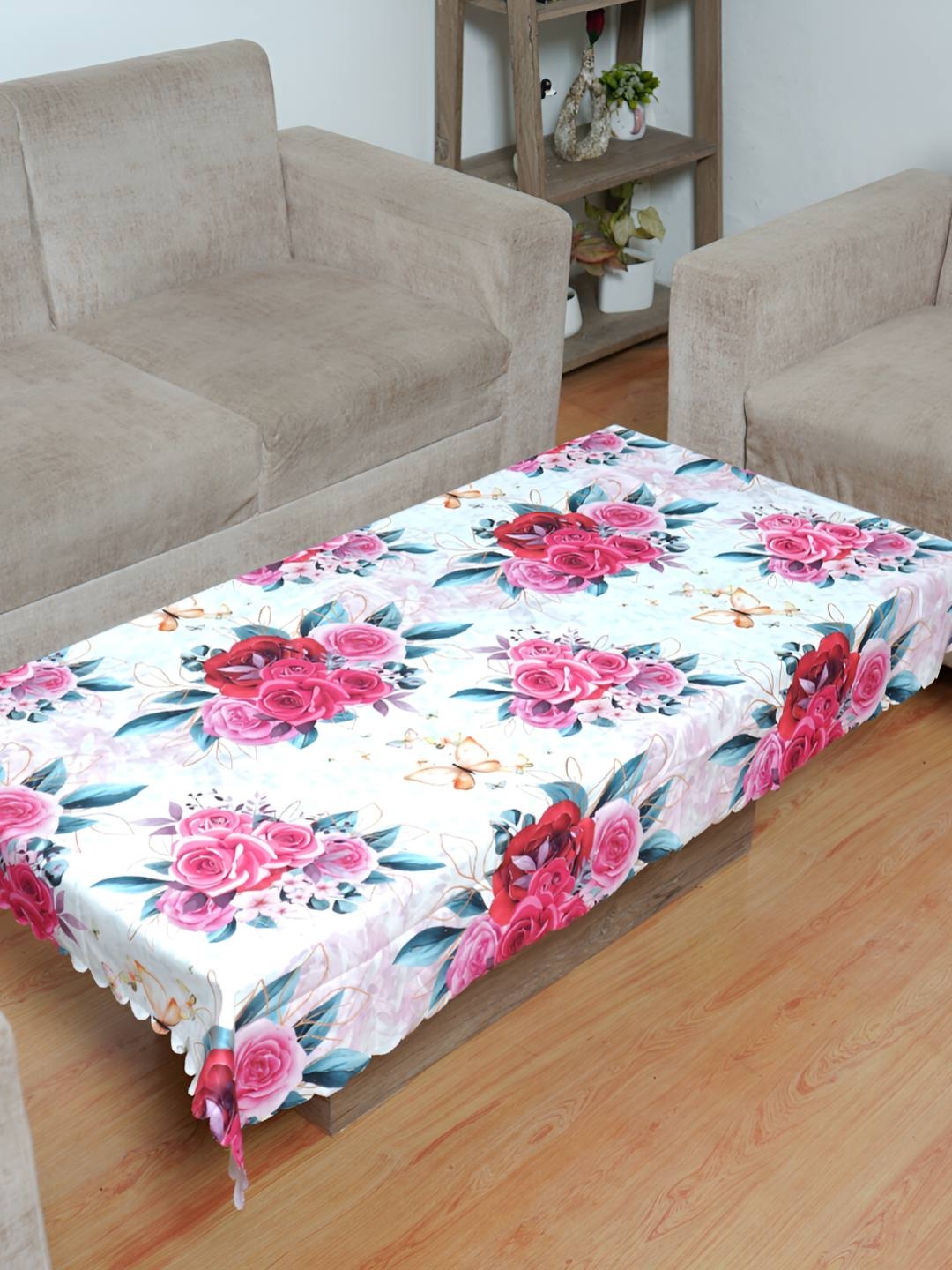 

Bajo's White & Red Floral Printed Velvet Table Cover