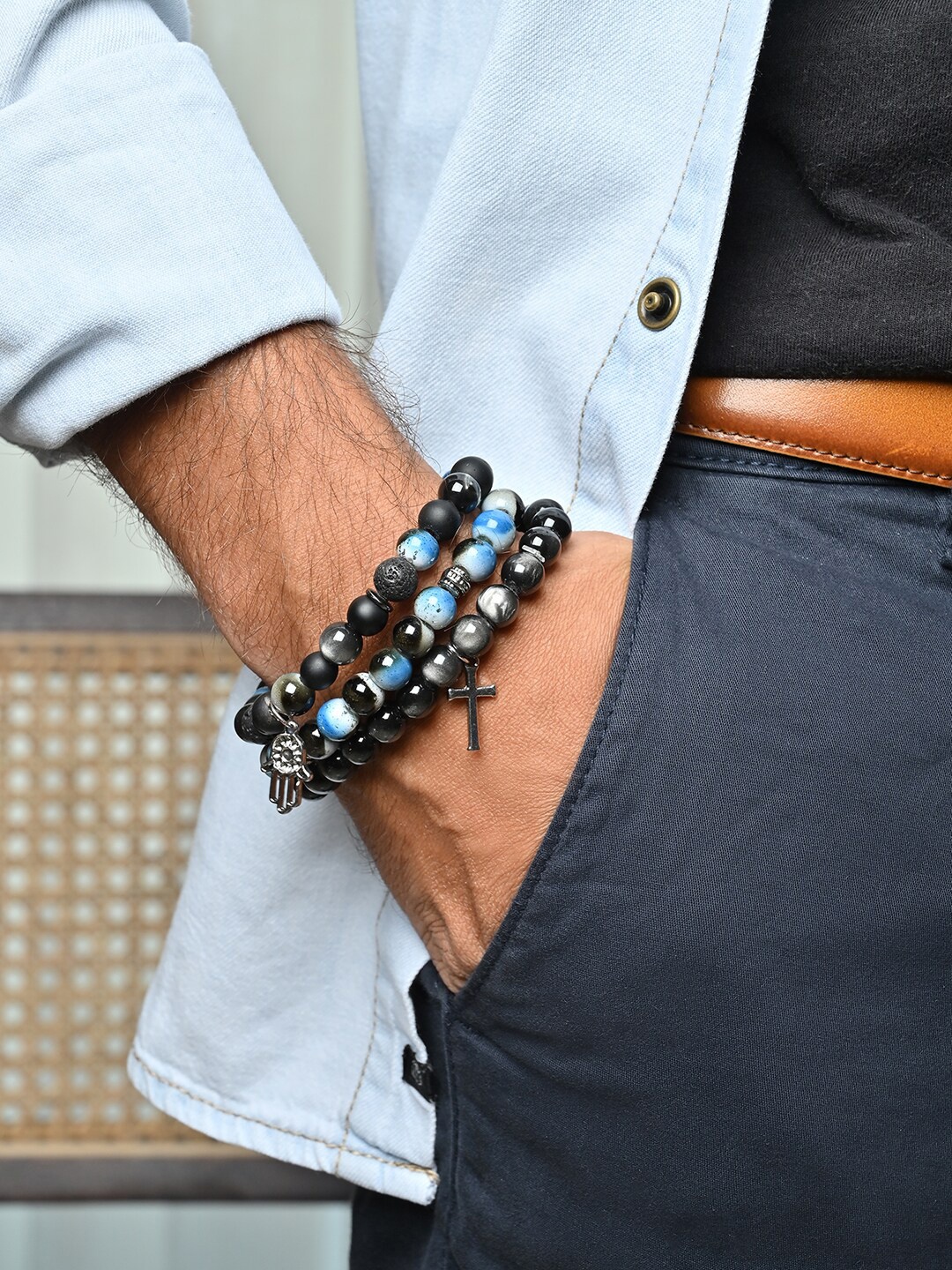 

The Bro Code Men Set Of 3 Beaded Bracelet, Black