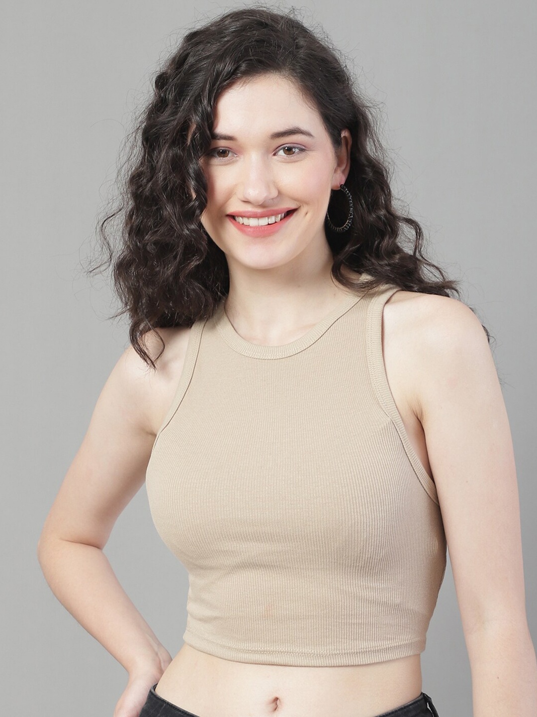 

NoBarr Round Neck Fitted Crop Top, Beige