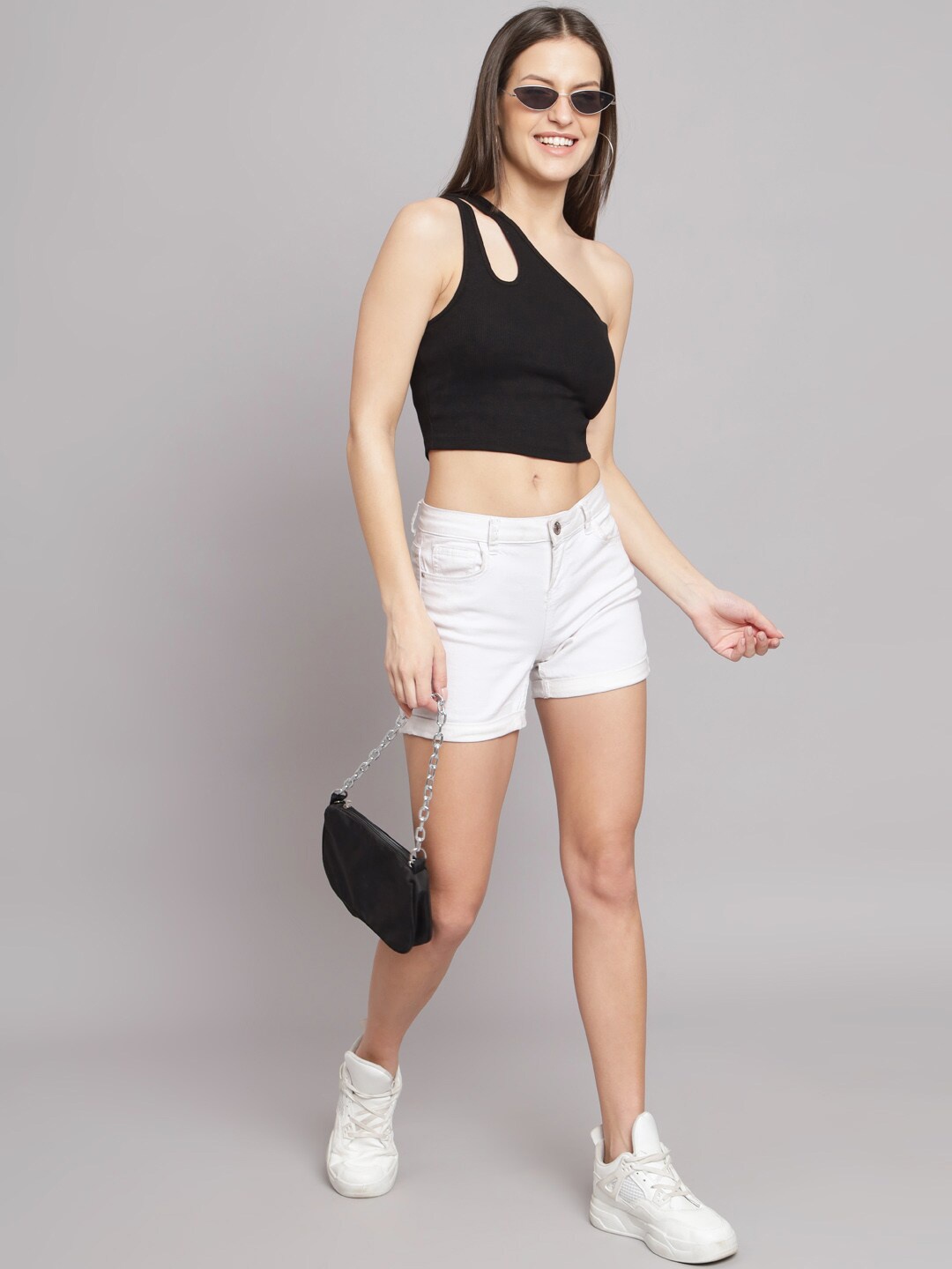 

NoBarr One Shoulder Acrylic Crop Top, Black