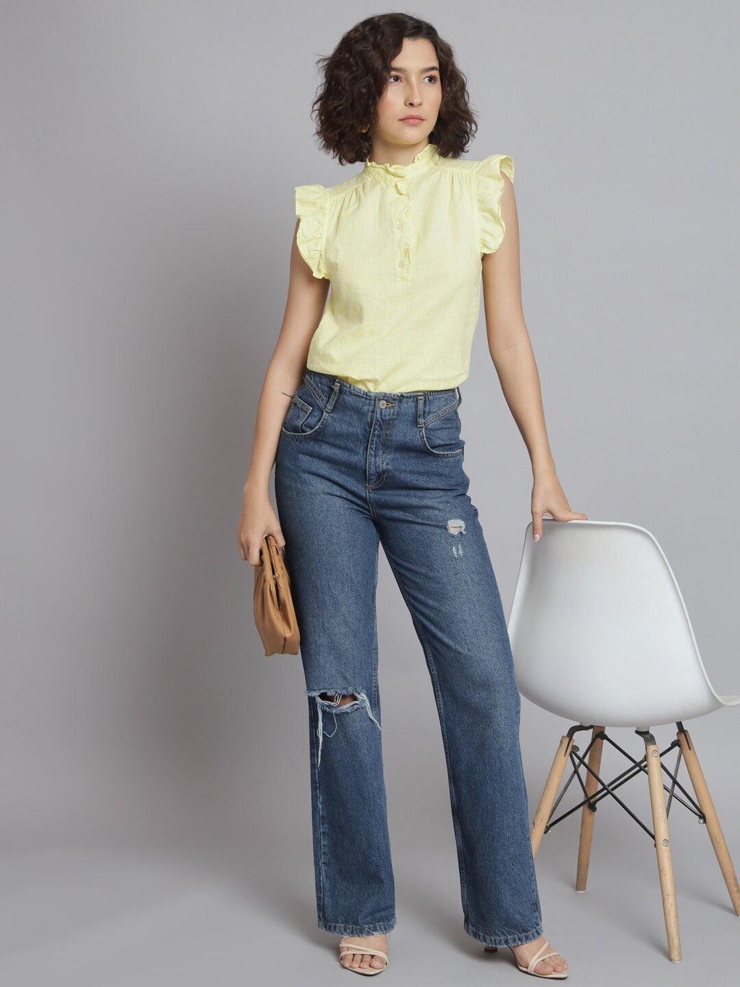 

NoBarr Mandarin Collar Flutter Sleeve Linen Top, Yellow