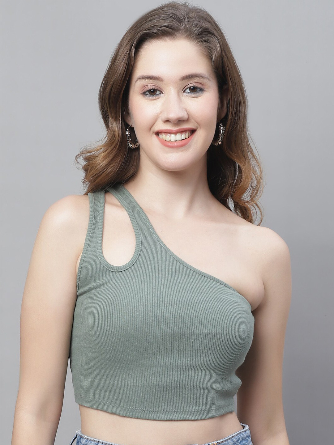 

NoBarr One Shoulder Acrylic Fitted Crop Top, Green