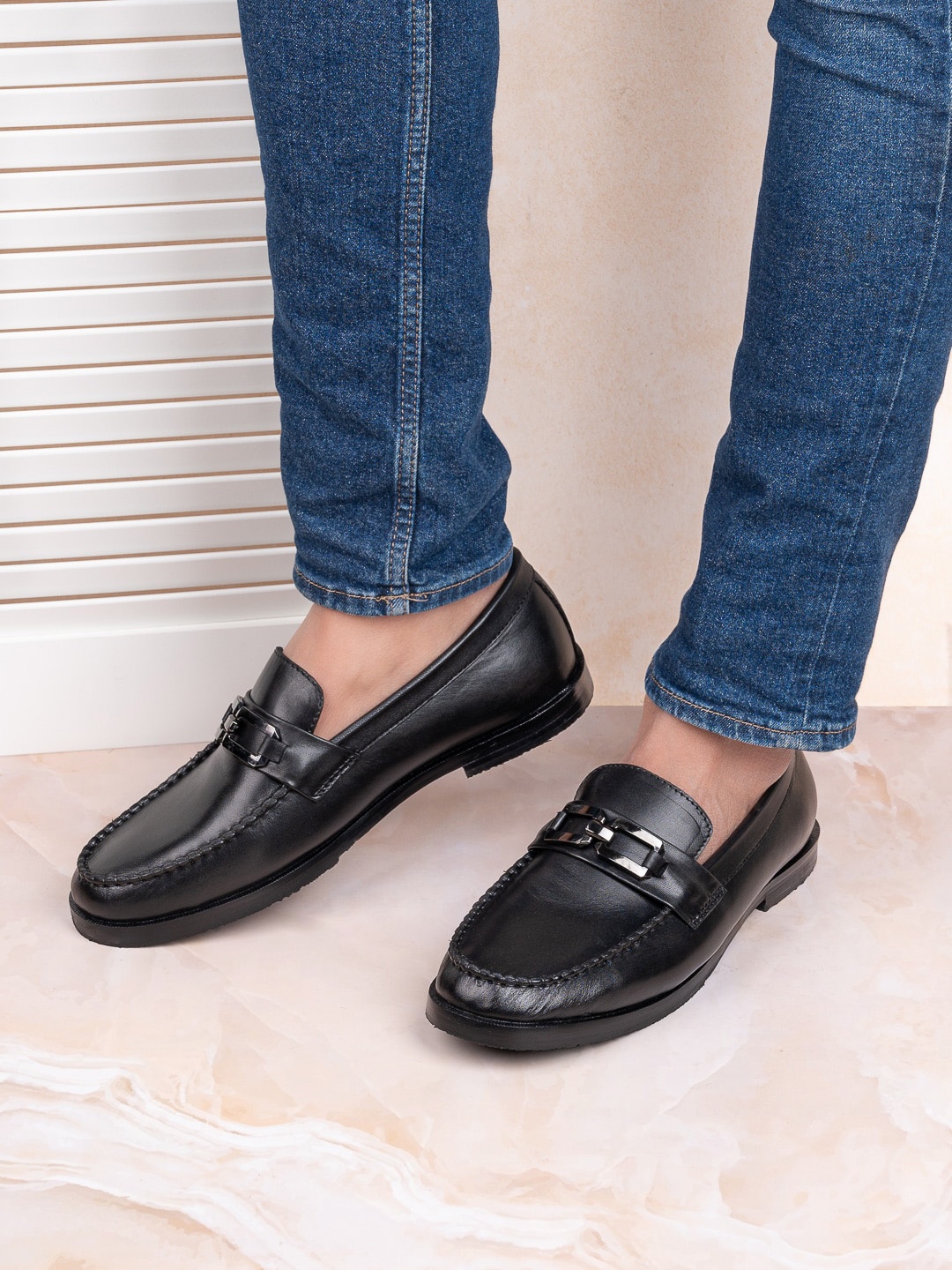 

LA BOTTE Men Round Toe Leather Formal Loafers, Black