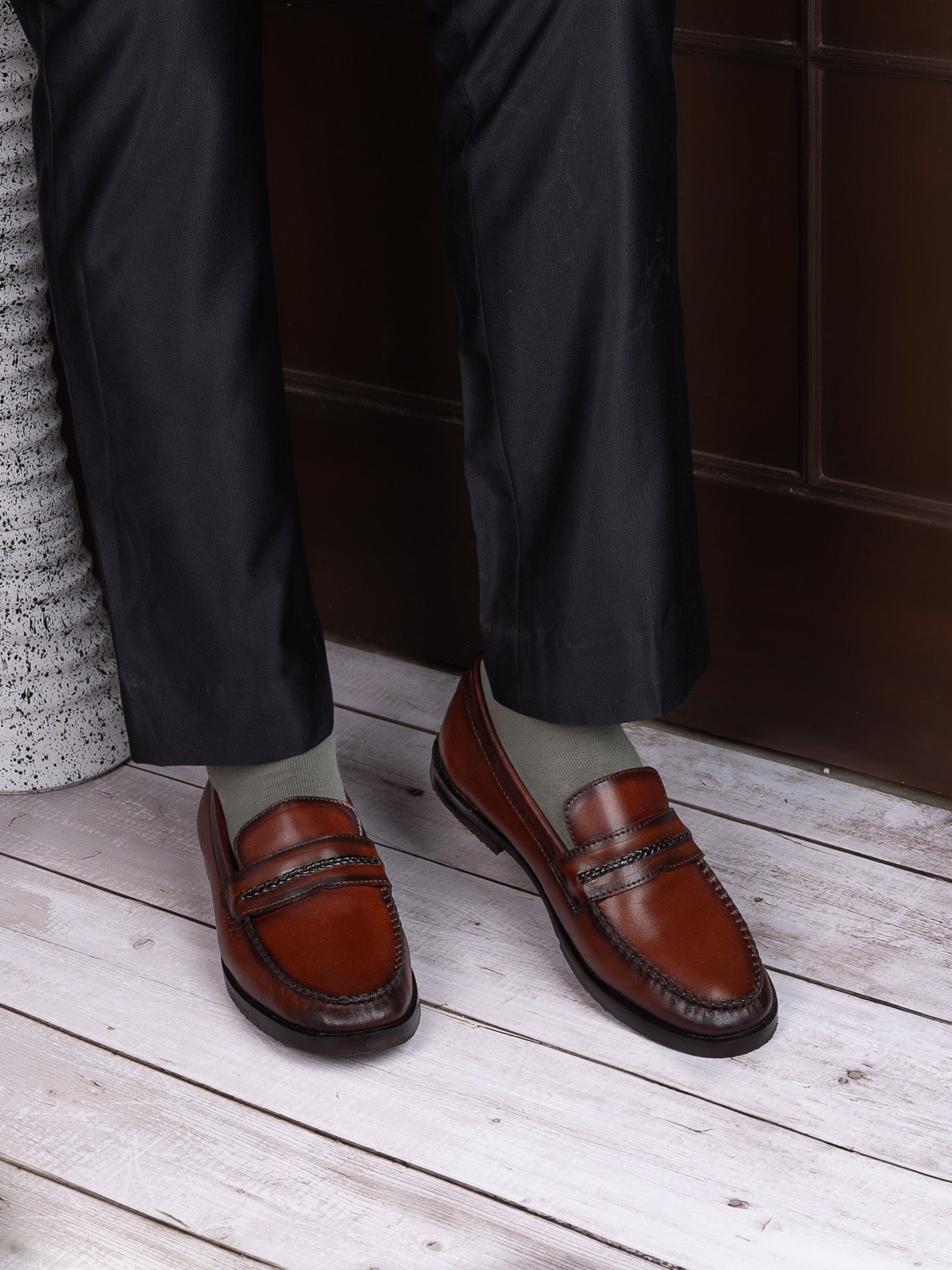 

LA BOTTE Men Round Toe Leather Formal Loafers, Brown