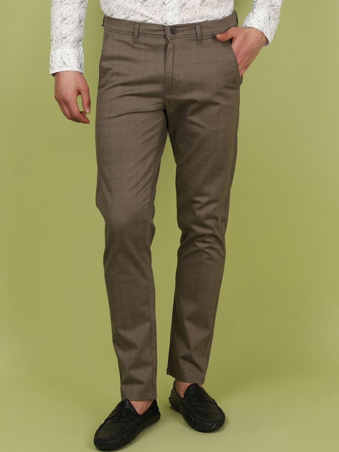 

V-Mart Men Checked Slim Fit Cotton Chinos Trousers, Olive