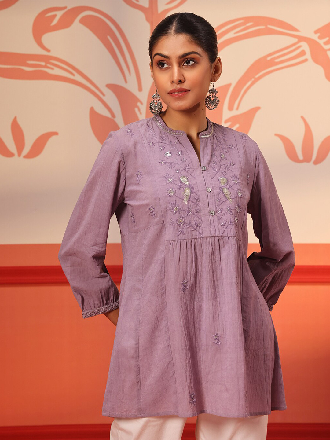 

Lakshita Floral Embroidered V Neck Cotton Top, Purple