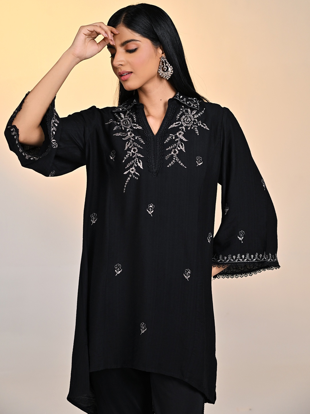 

Lakshita Floral Embroidered Shirt Collar Cotton Linen Top, Black