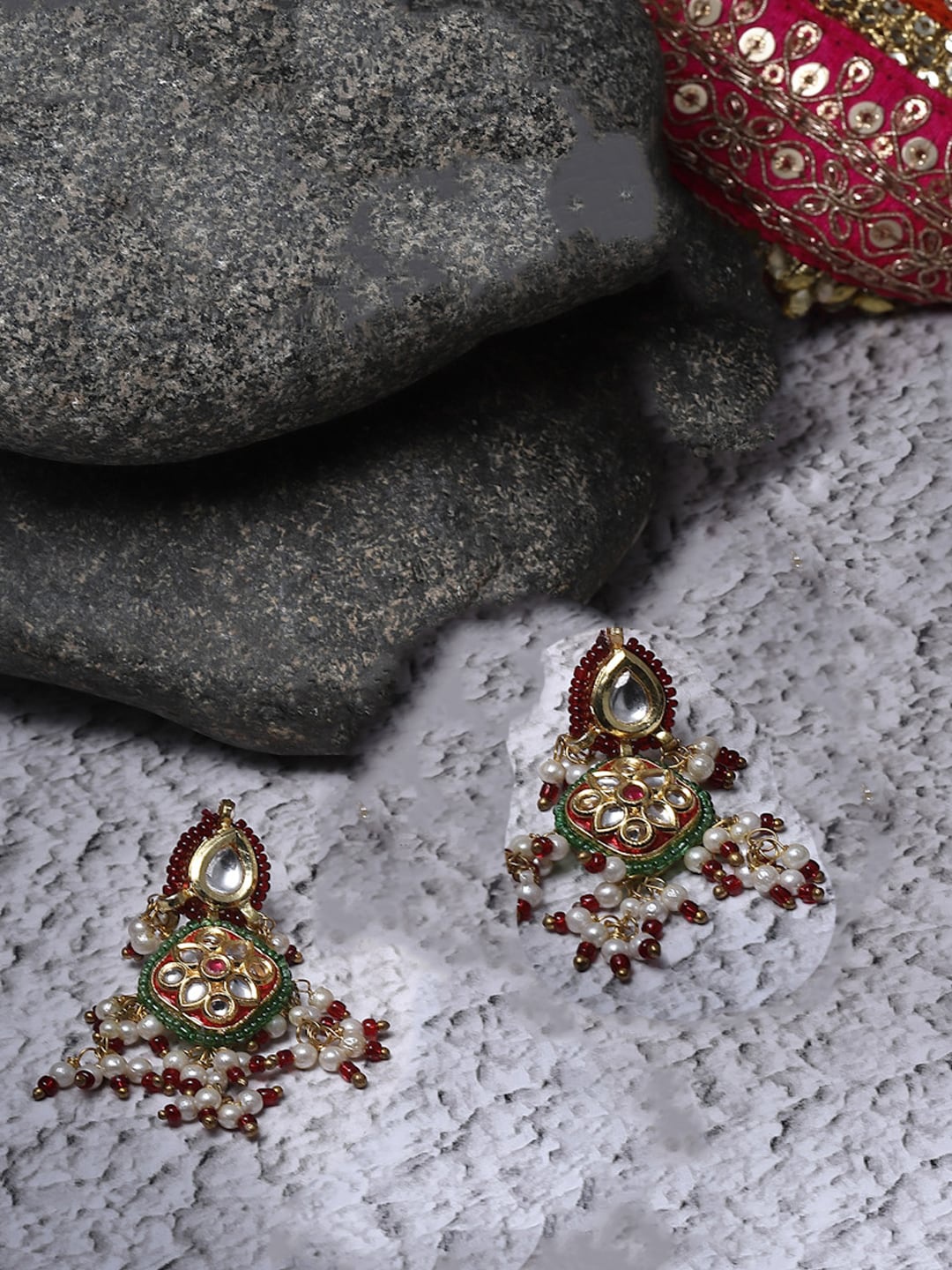 

DUGRISTYLE Gold-Plated Kundan Studded Contemporary Drop Earrings, Red