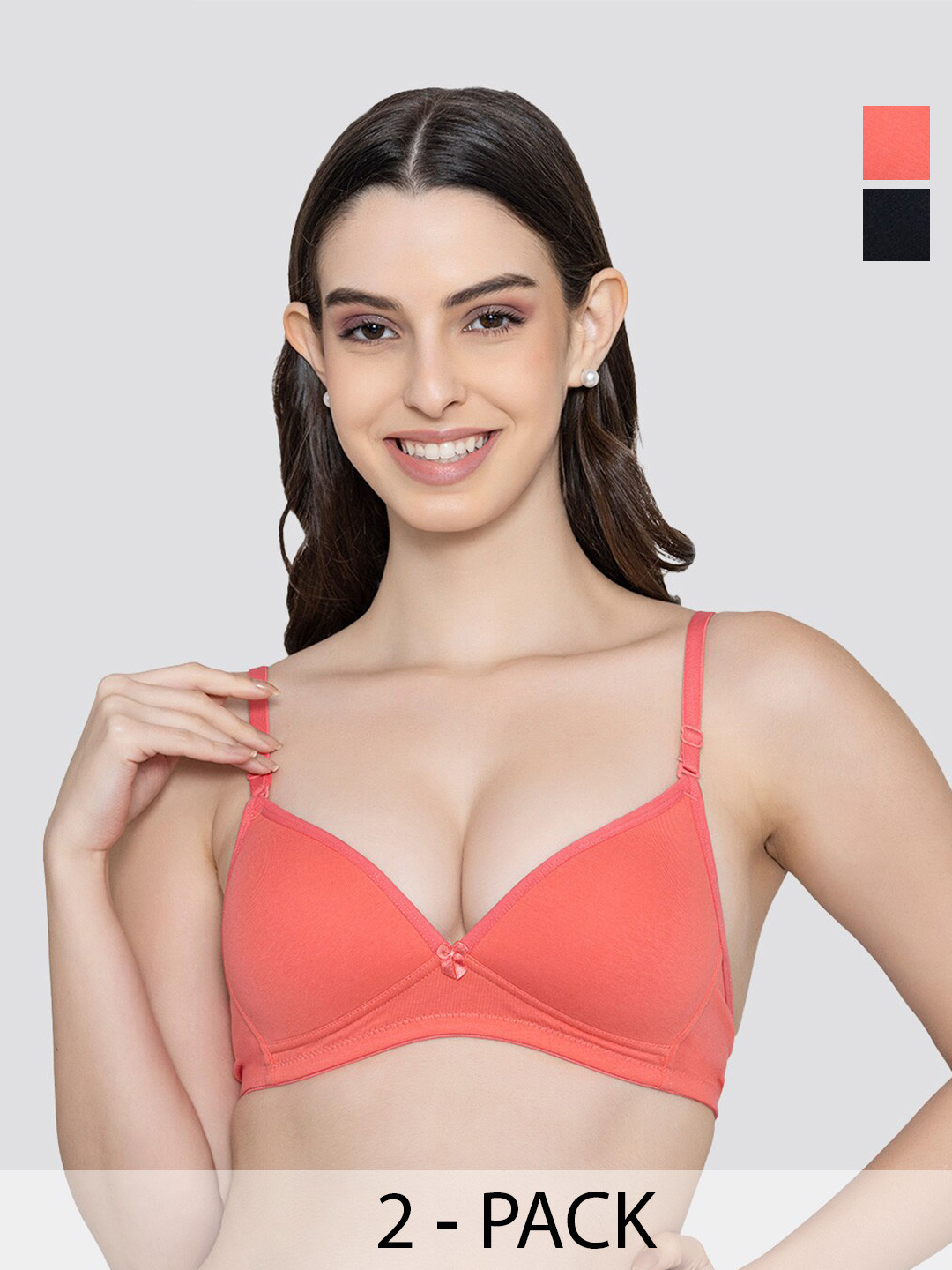 

K LINGERIE Pack of 2 Orchid Plunge Neck Soft Padded Detachable Straps Low Back Bra, Coral