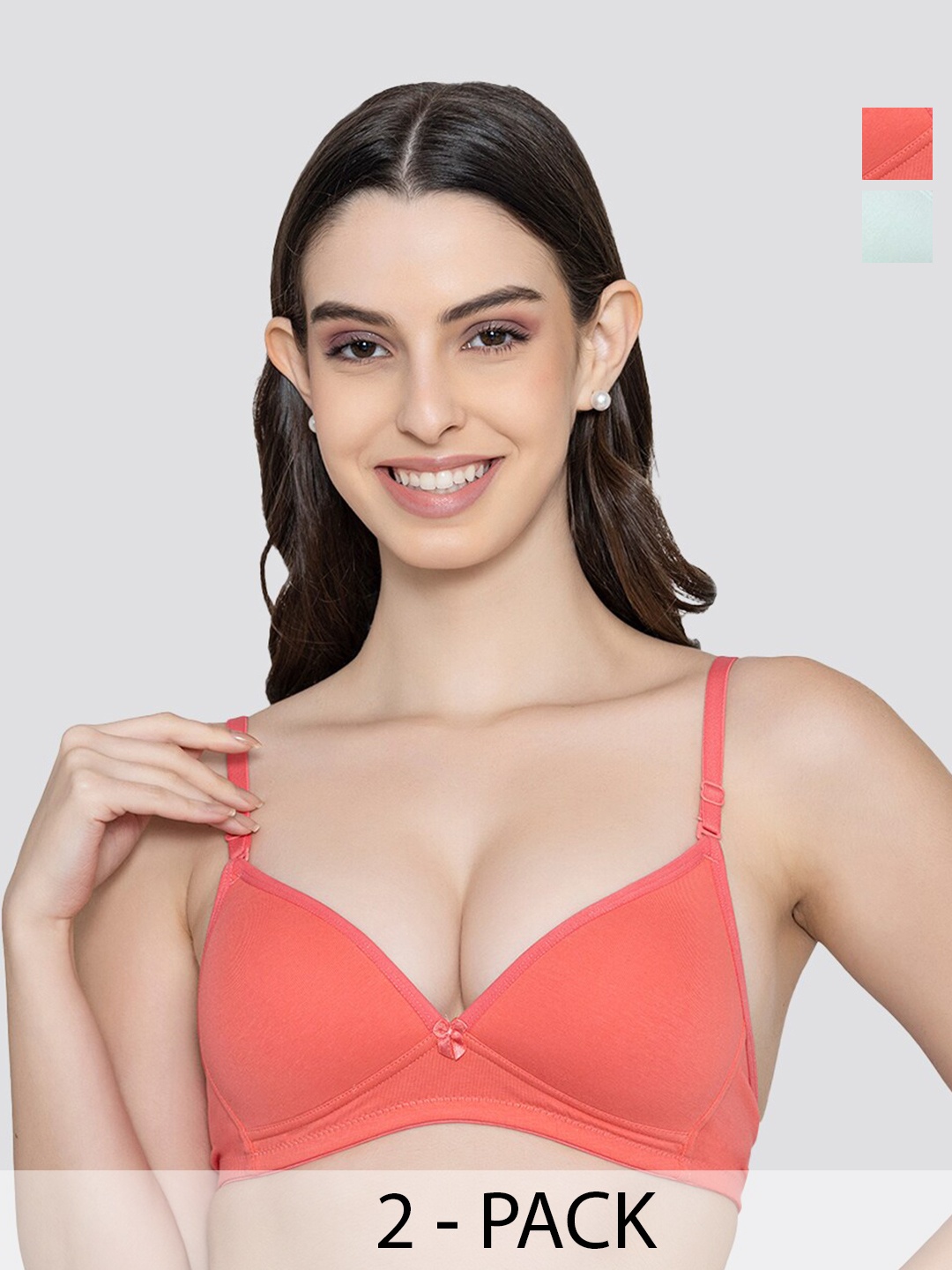 

K LINGERIE Pack of 2 Orchid Plunge Neck Soft Padded Detachable Straps Low Back Bra, Coral