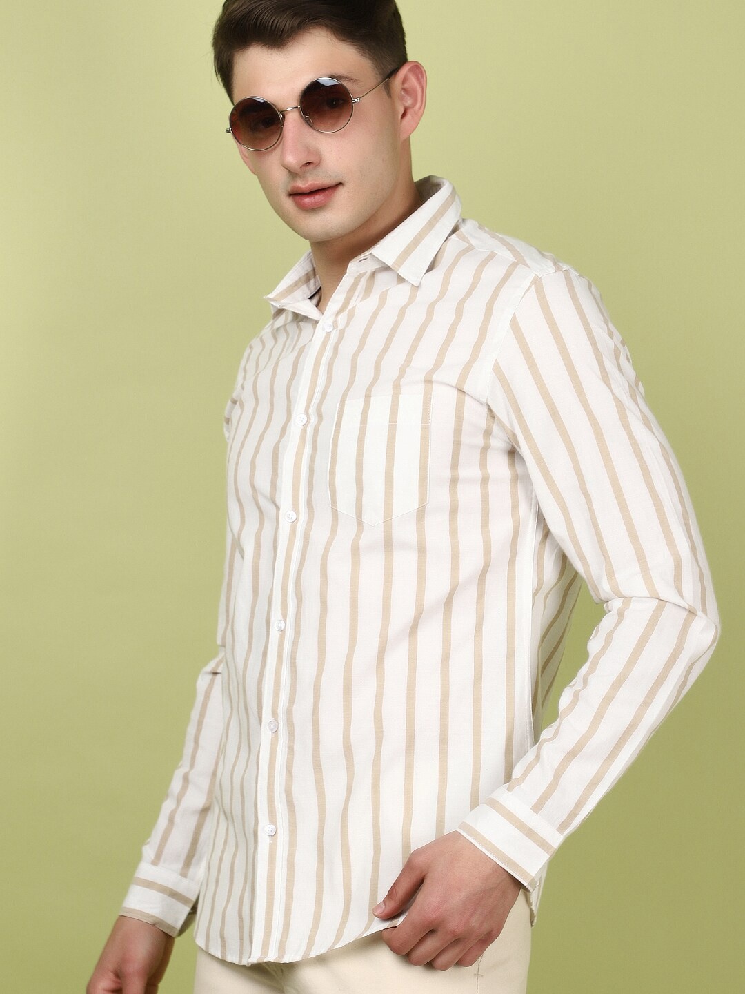 

V-Mart Slim Fit Striped Spread Collar Long Sleeves Casual Shirt, Beige
