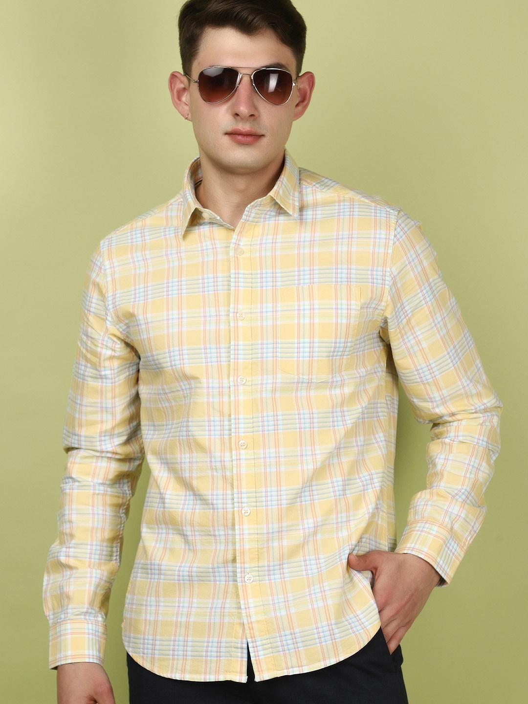 

V-Mart Tartan Checked Spread Collar Long Sleeves Regular Fit Casual Shirt, Yellow