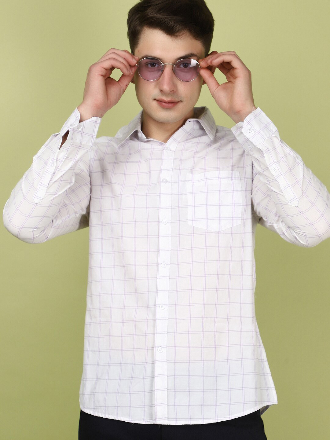 

V-Mart Slim Fit Grid Tattersall Checked Spread Collar Long Sleeves Casual Shirt, Purple