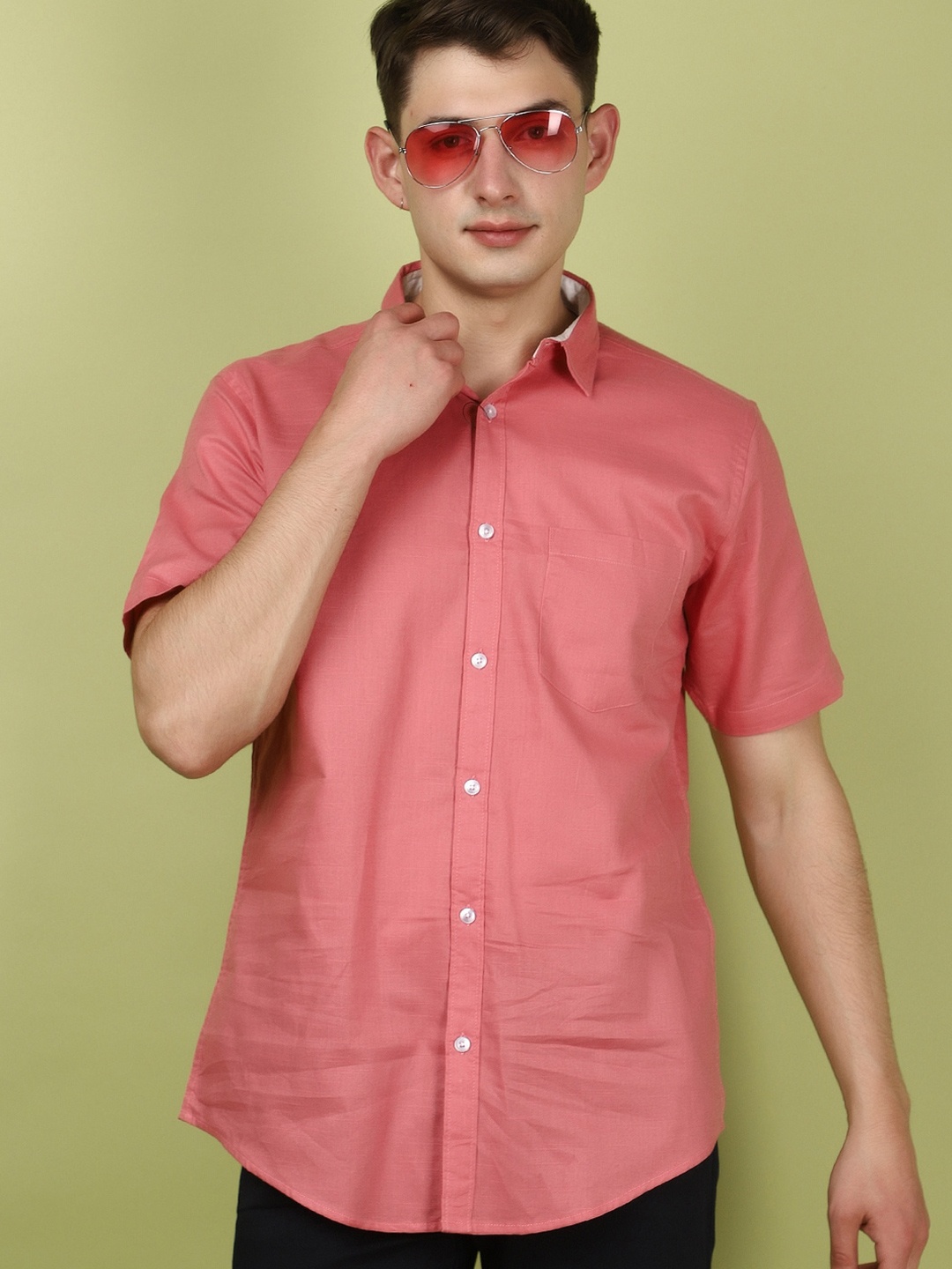 

V-Mart Spread Collar Short Sleeves Patch Pocket Cotton Casual Shirt, Orange