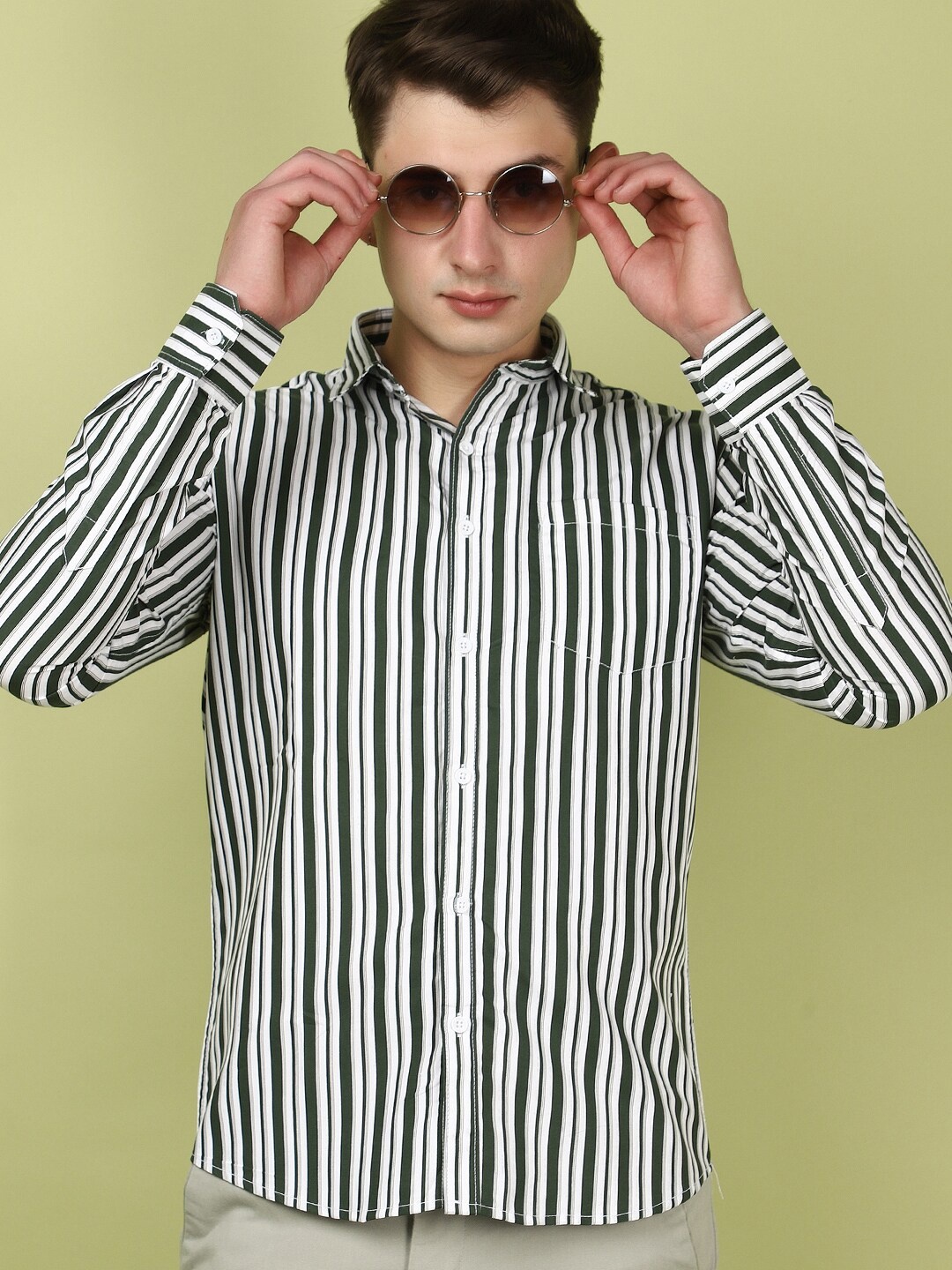 

V-Mart Slim Fit Striped Spread Collar Long Sleeves Casual Shirt, Green