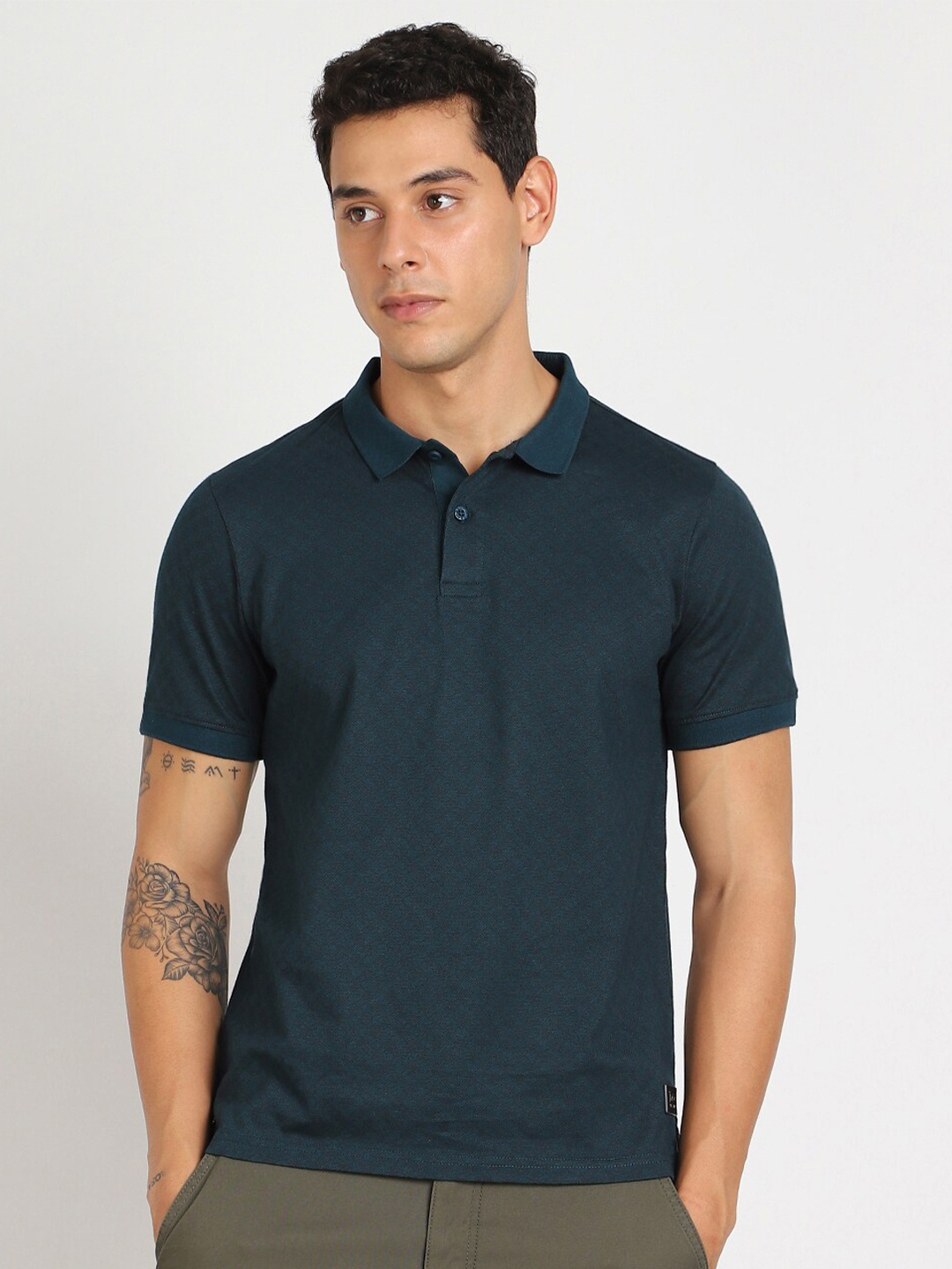 

Lee Men Checked Polo Collar Short Sleeves Slim Fit Cotton T-shirt, Green