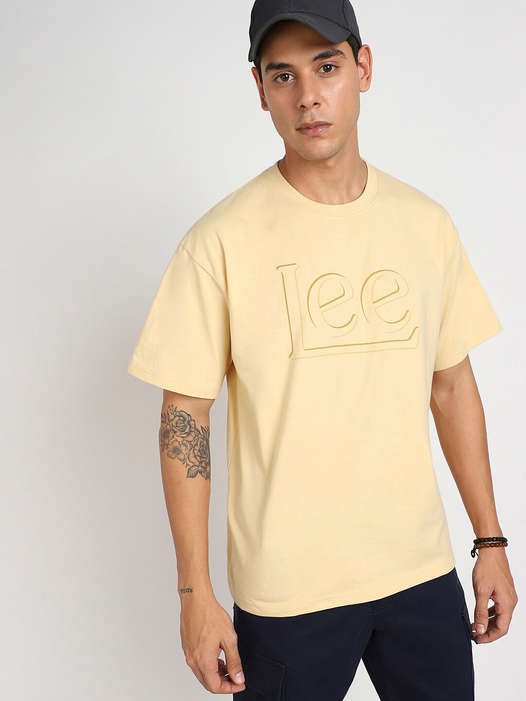 Lee Men Typography Printed Oversize Cotton T-shirt, Beige