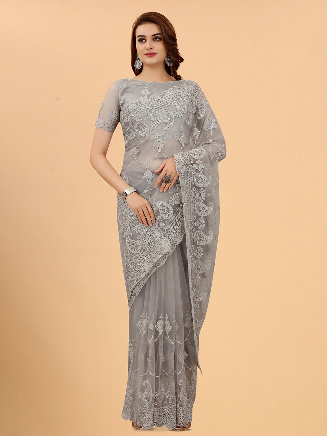 

SILK SAREE HUB Ethnic Motifs Embroidered Net Saree, Grey