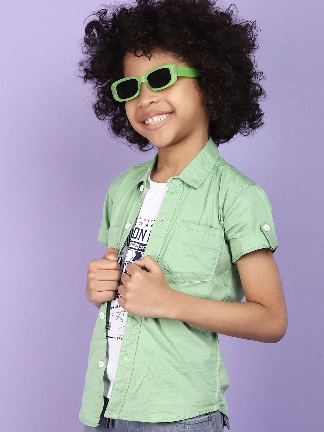 

V-Mart Boys Twill Cotton Roll-Up Sleeves Casual Shirt, Green