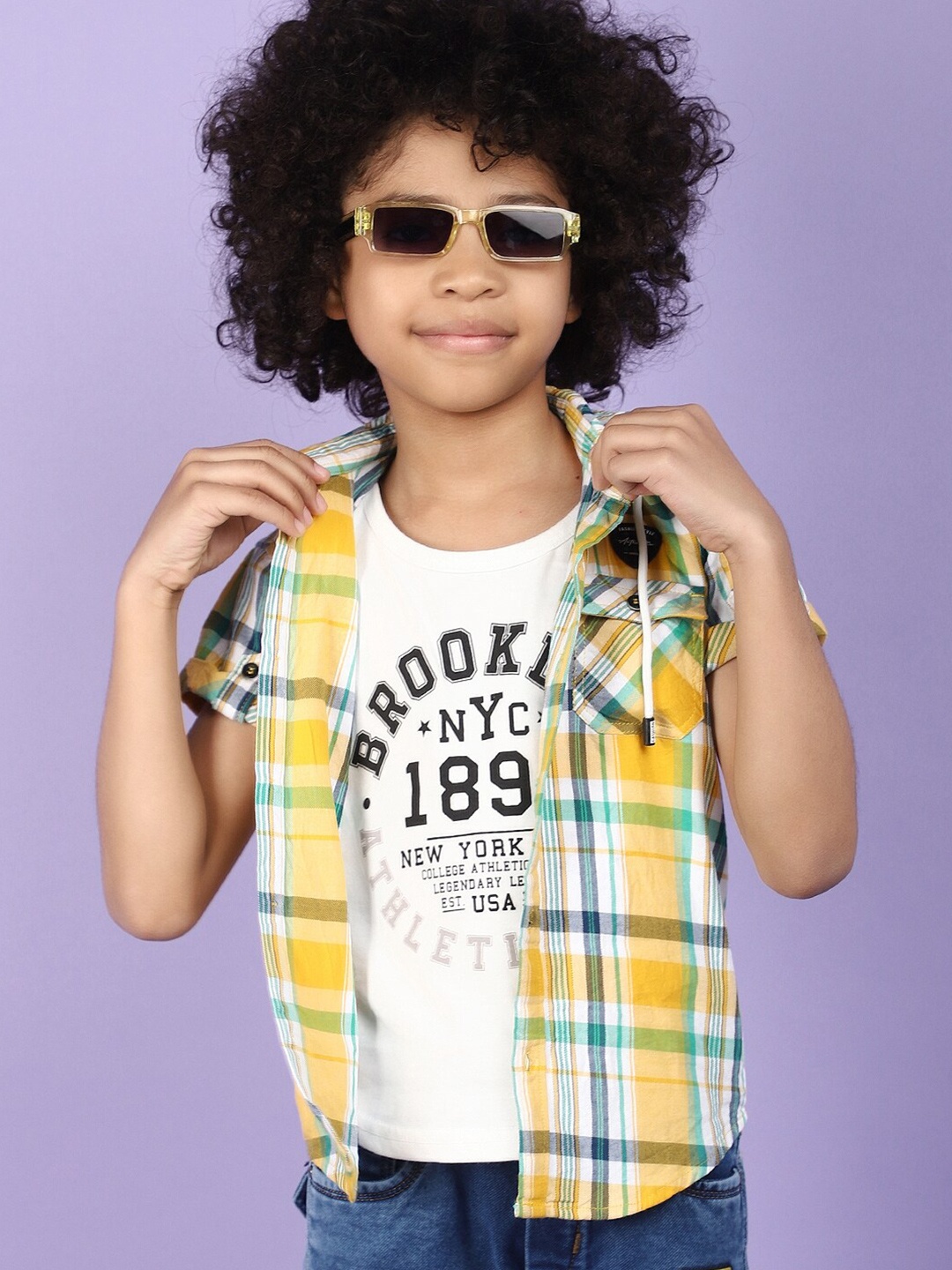 

V-Mart Boys Checked Hooded Twill Roll-Up Sleeves Cotton Casual Shirt, Yellow