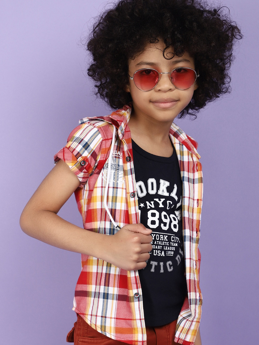 

V-Mart Boys Tartan Checks Roll-Up Sleeves Hooded Twill Cotton Casual Shirt, Red