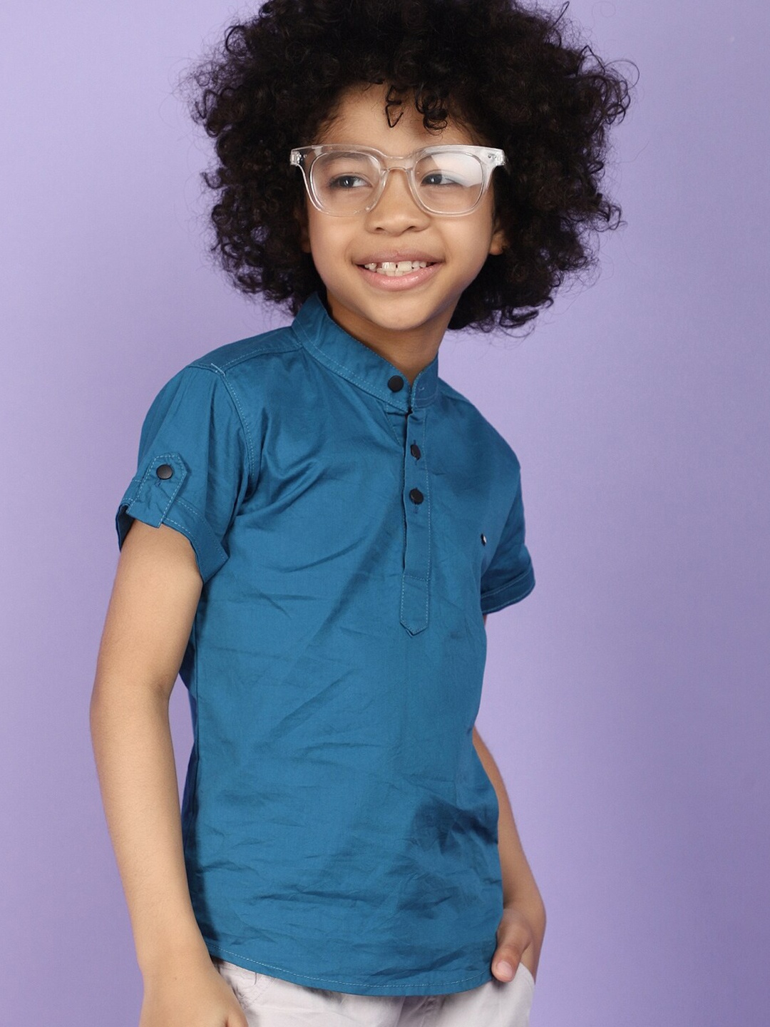 

V-Mart Boys Mandarin Collar Twill Cotton Roll-Up Sleeves Casual Shirt, Blue