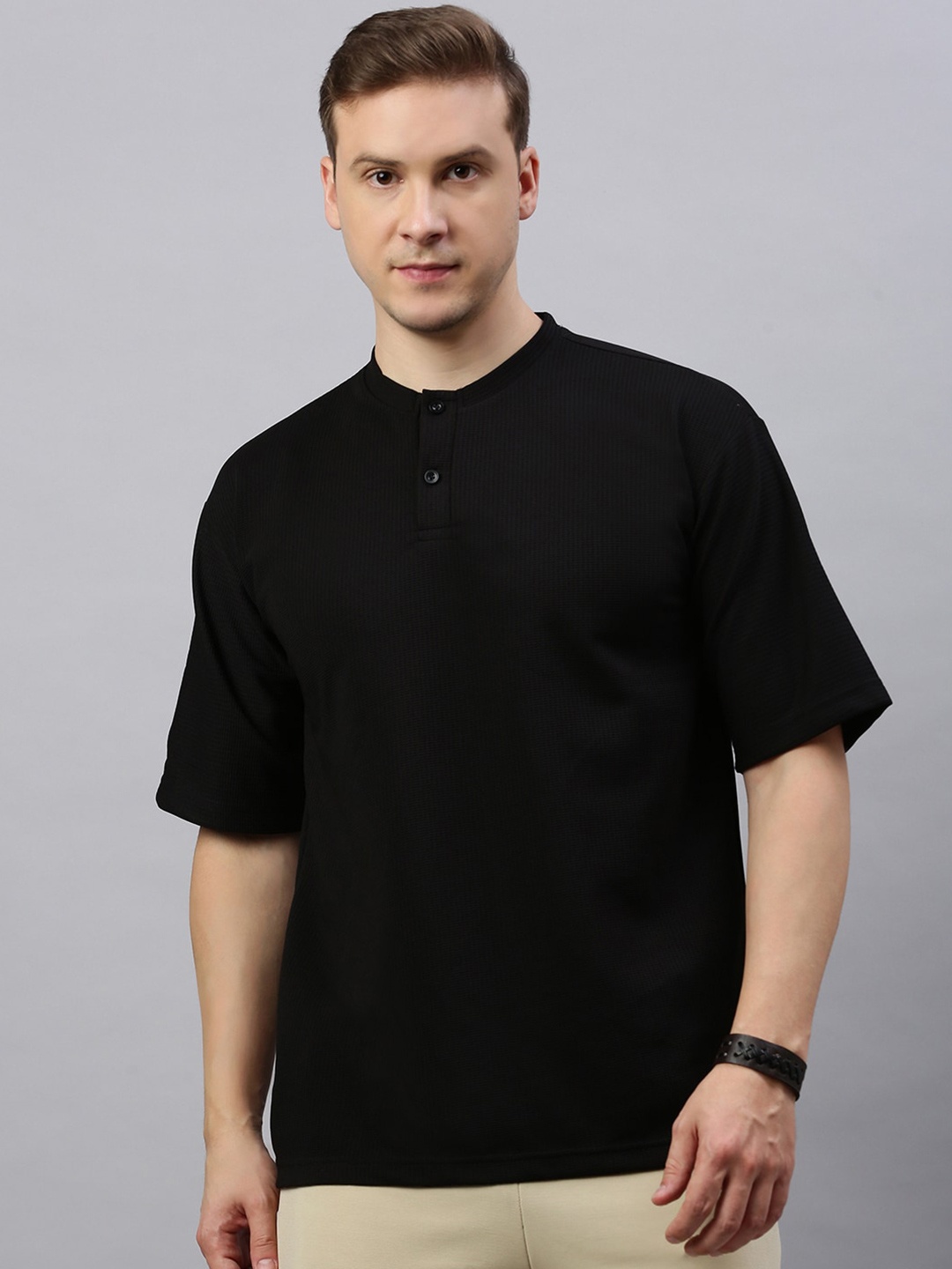

MADSTO Henley Neck Oversized Cotton Tshirt, Black