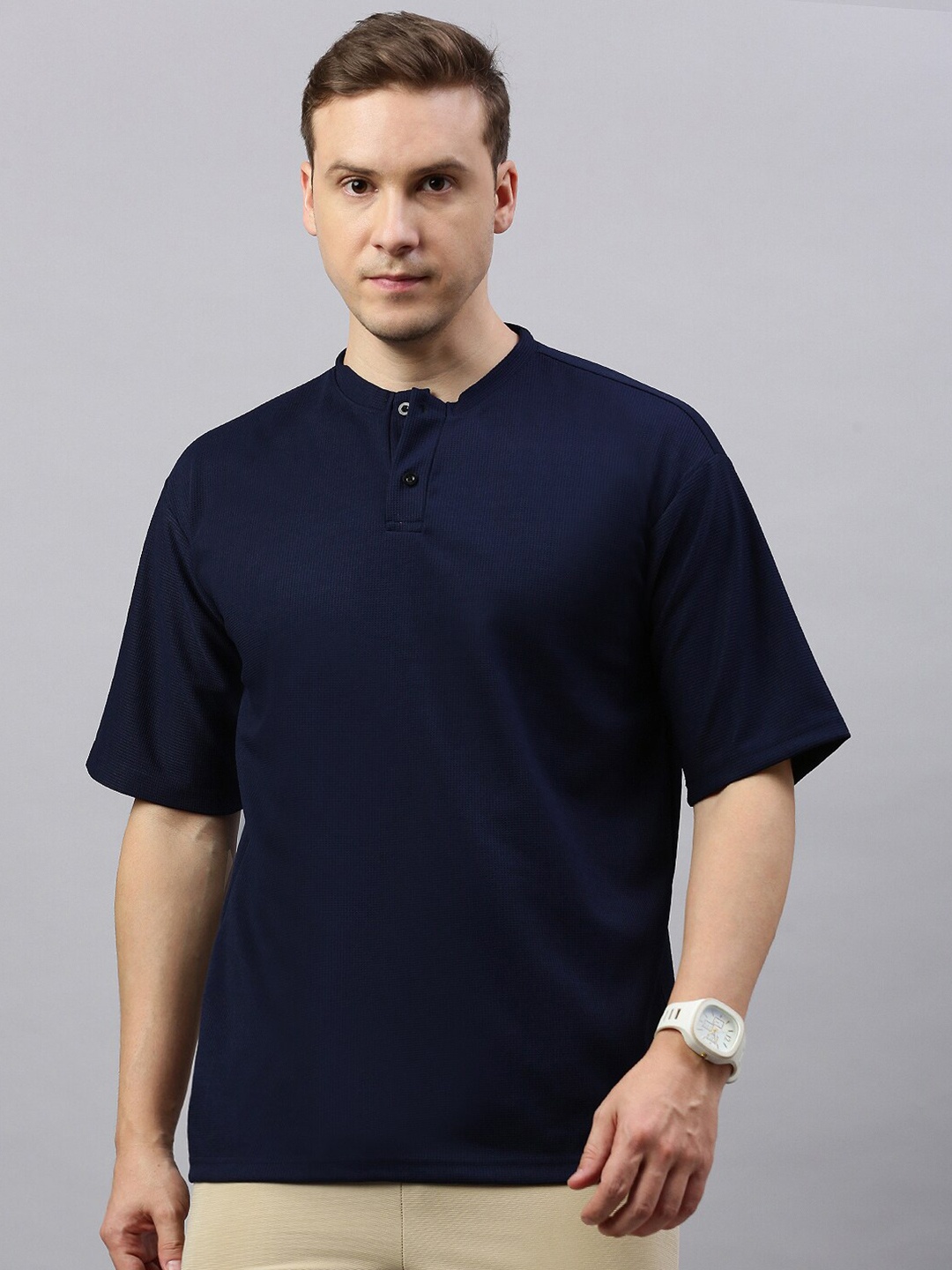 

MADSTO Henley Neck Oversized Cotton Tshirt, Navy blue