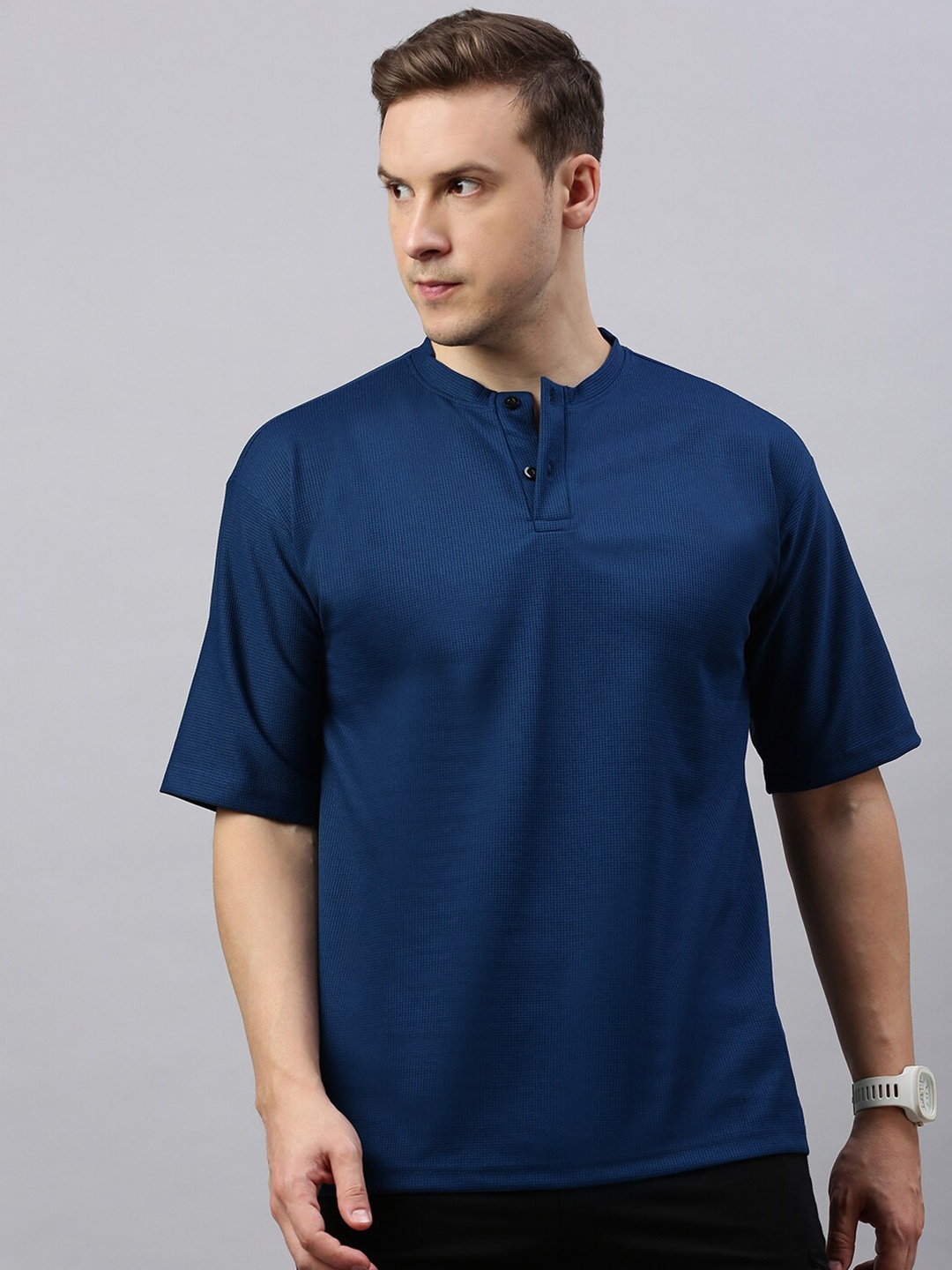 

MADSTO Henley Neck Oversized Cotton Tshirt, Blue