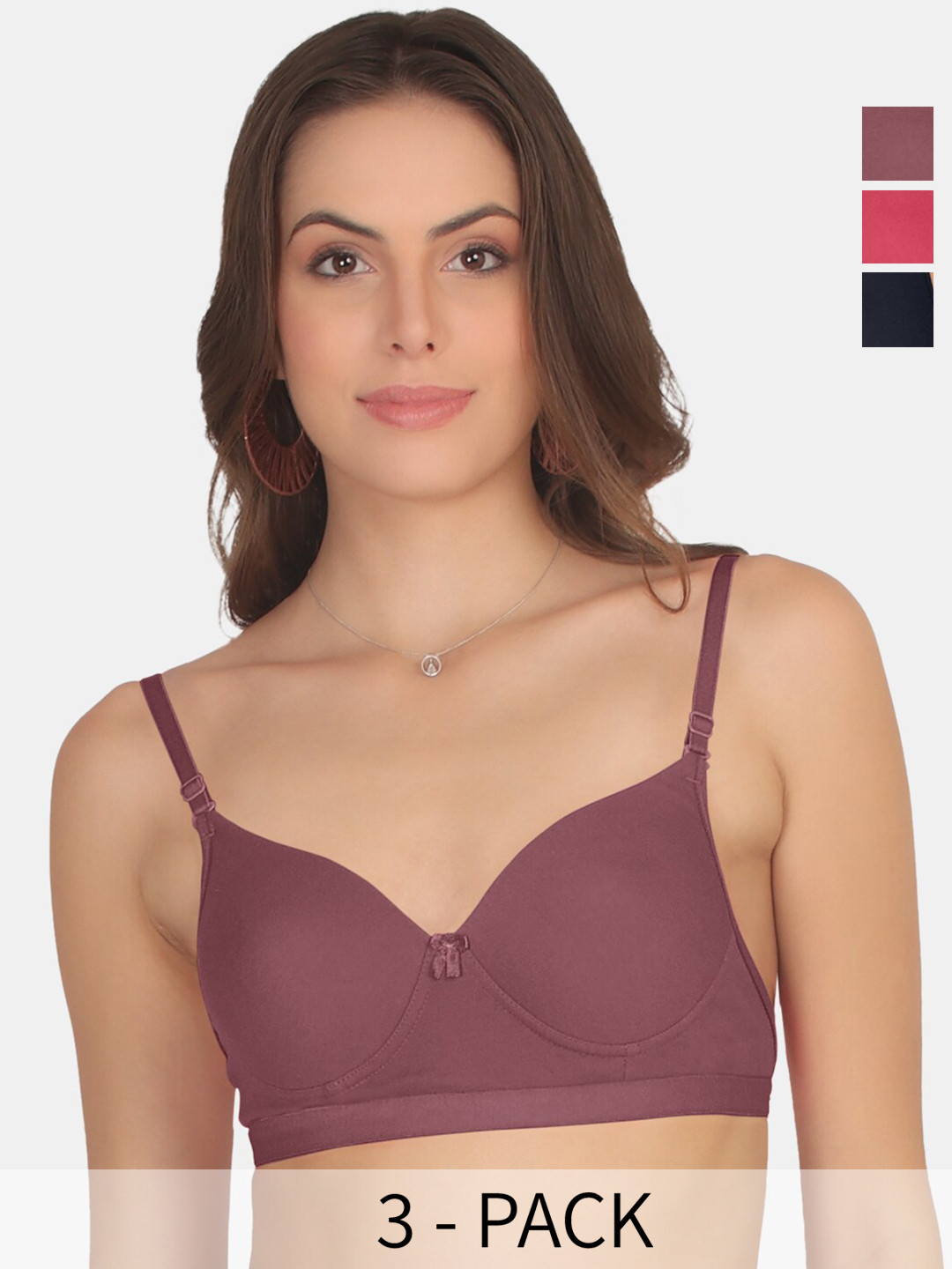 

POOJA RAGENEE Pack Of 3 Full Coverage Cotton T-shirt Bras With All Day Comfort, Pink