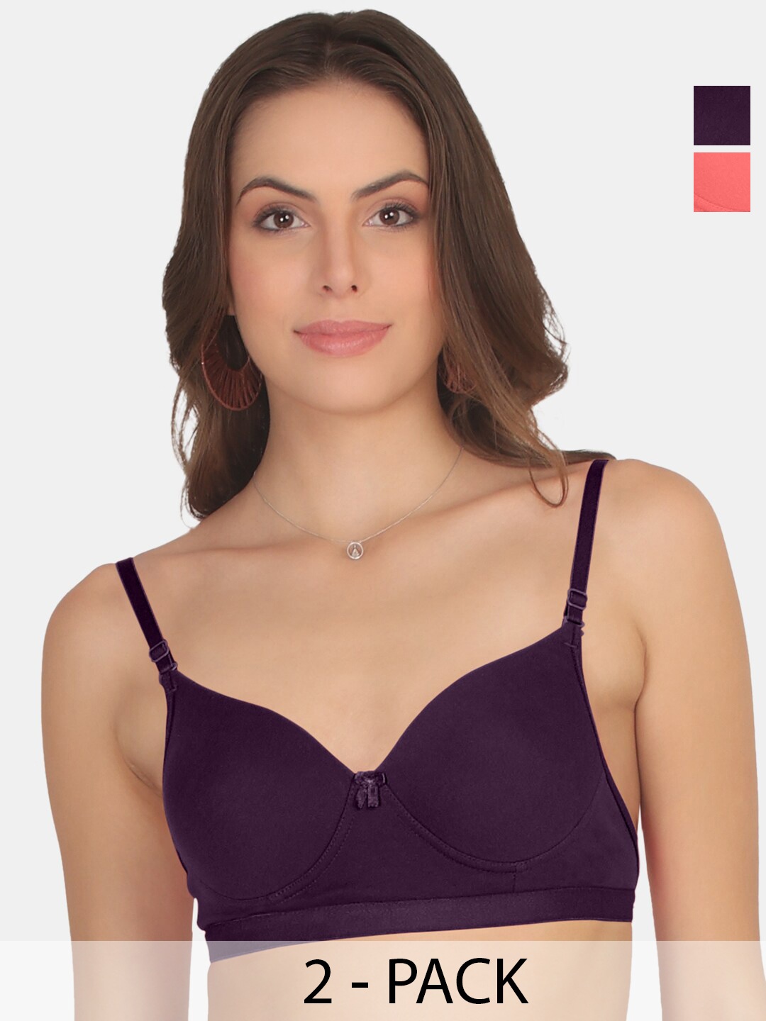 

POOJA RAGENEE Pack Of 2 Full Coverage Cotton T-shirt Bras With All Day Comfort, Burgundy