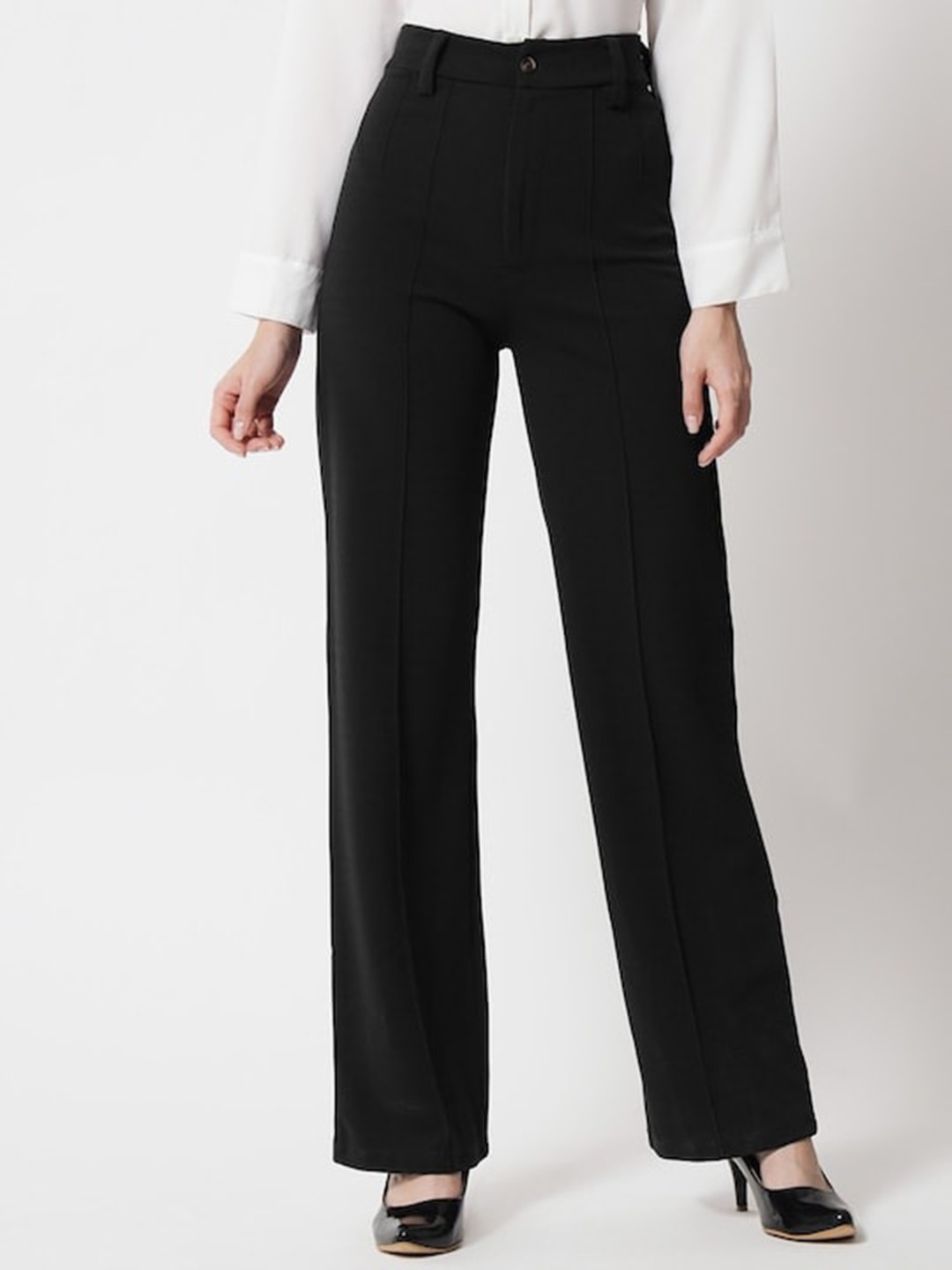 

BAESD Women Smart Straight Fit High-Rise Easy Wash Pleated Bootcut Trouser, Black
