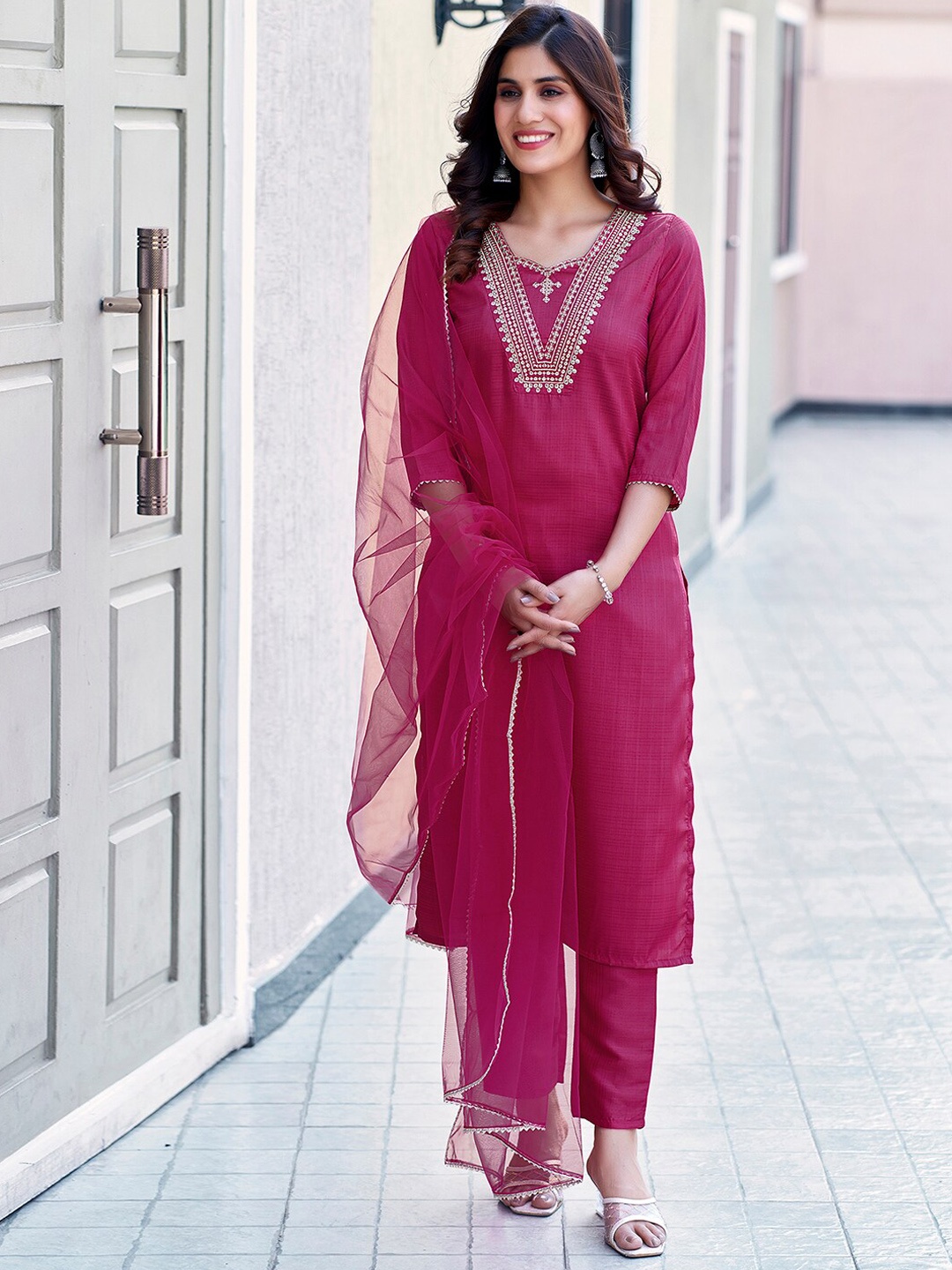 

KALINI Floral Embroidered Sequinned Kurta with Palazzos & Dupatta, Magenta