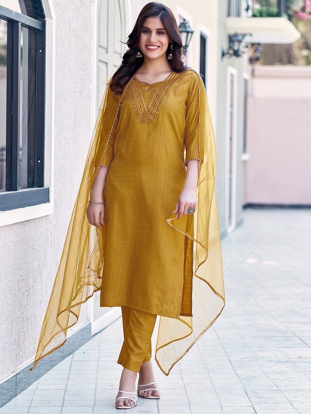 

KALINI Floral Embroidered Sequinned Kurta With Trousers & Dupatta, Mustard