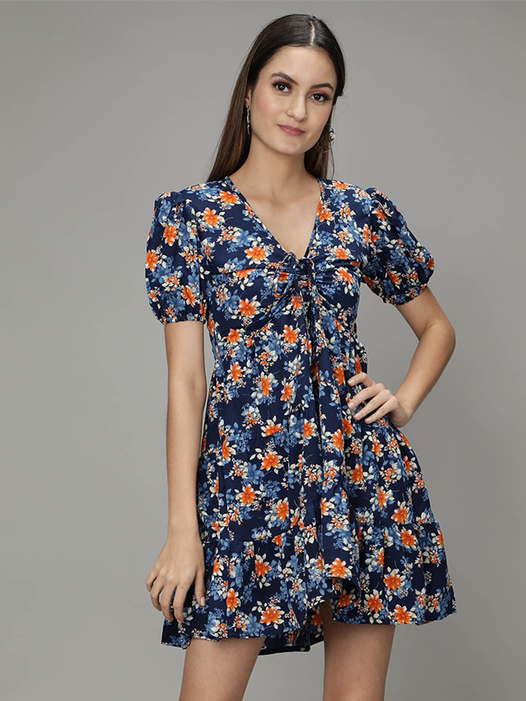 

smisingbee Floral Printed Puff Sleeve Empire Dress, Blue