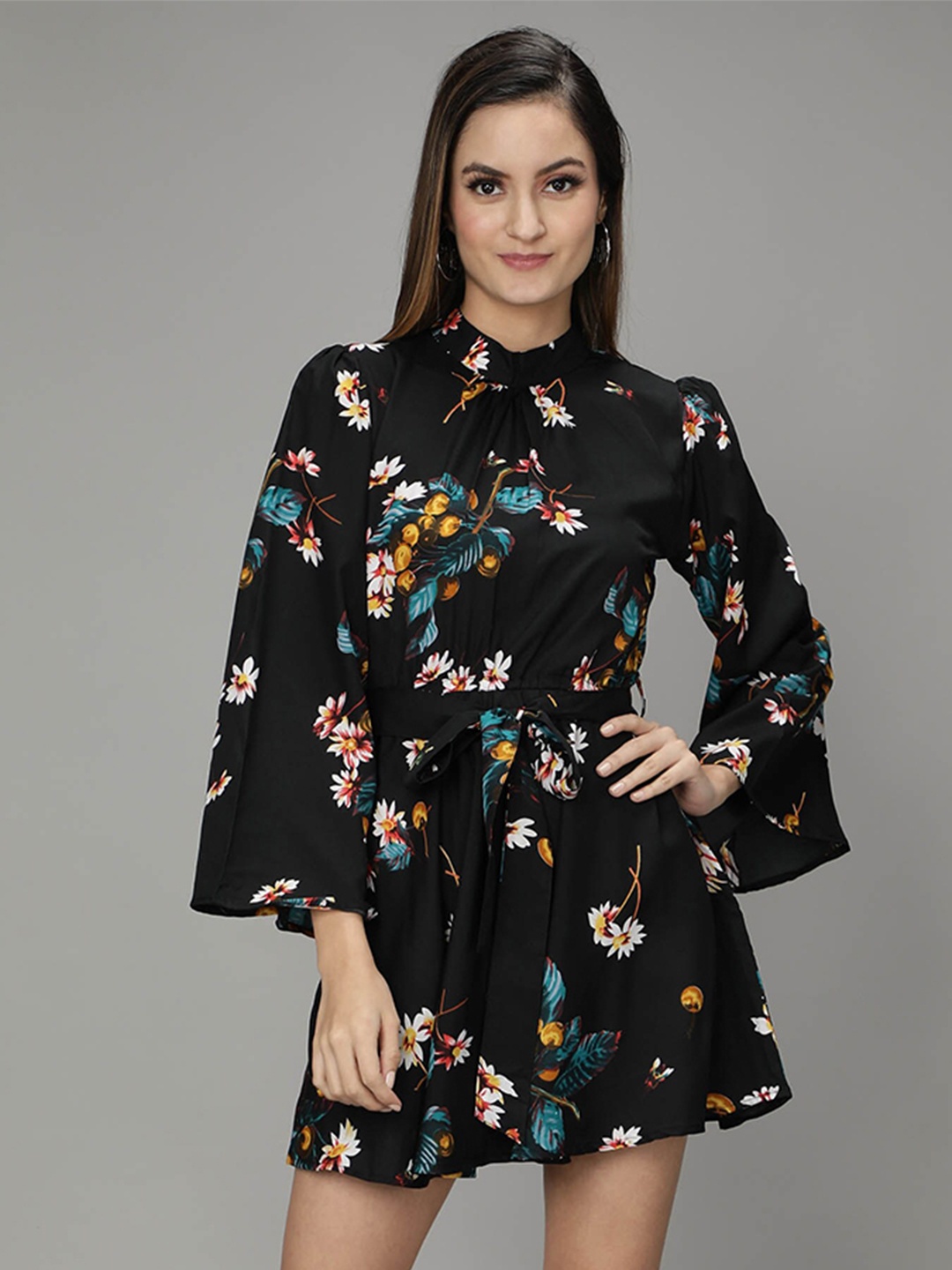 

smisingbee Floral Printed Bell Sleeve A-Line Mini Dress, Black