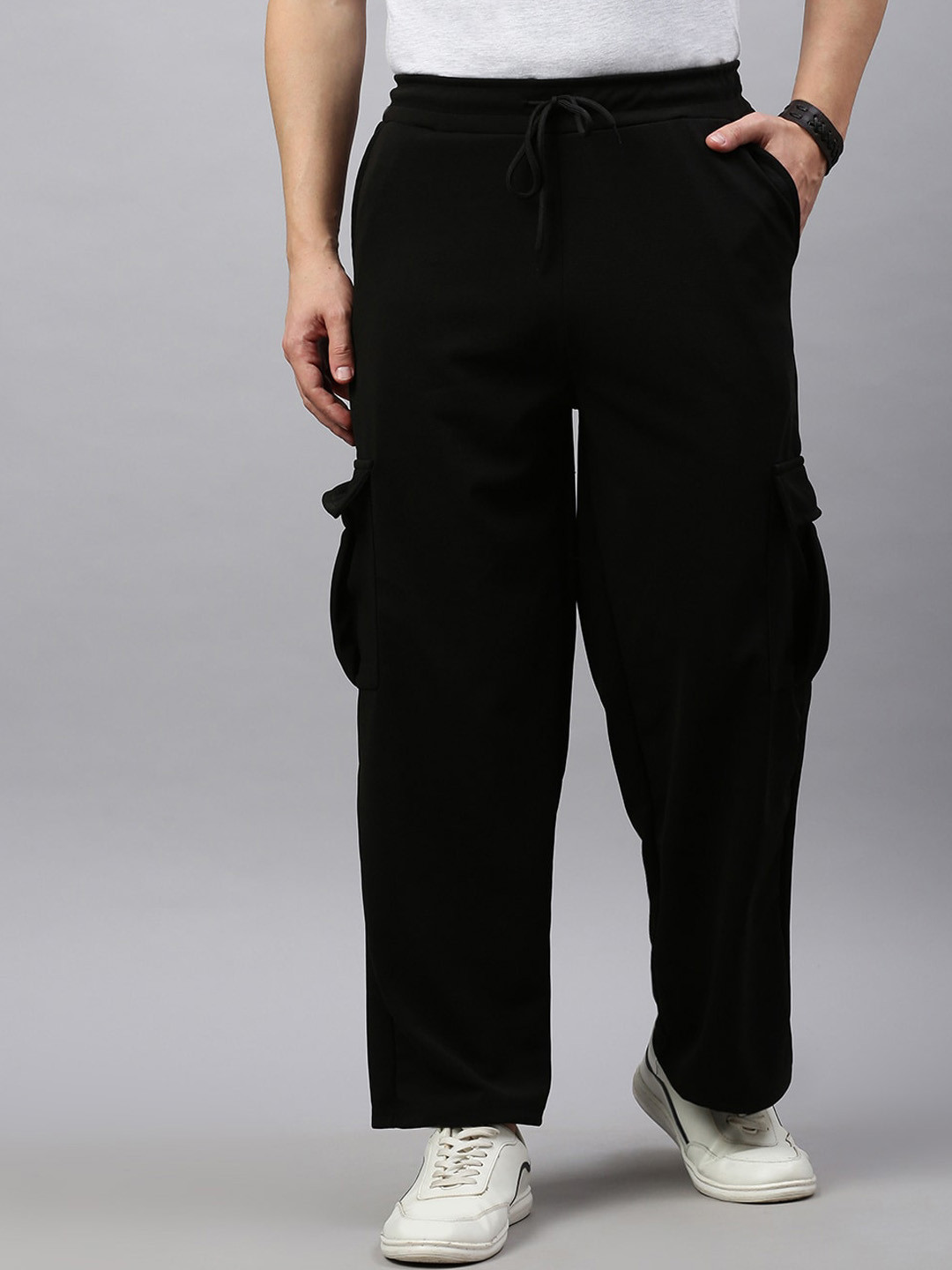 

MADSTO Men Cotton Relaxed-Fit Mid Rise Track Pant, Black