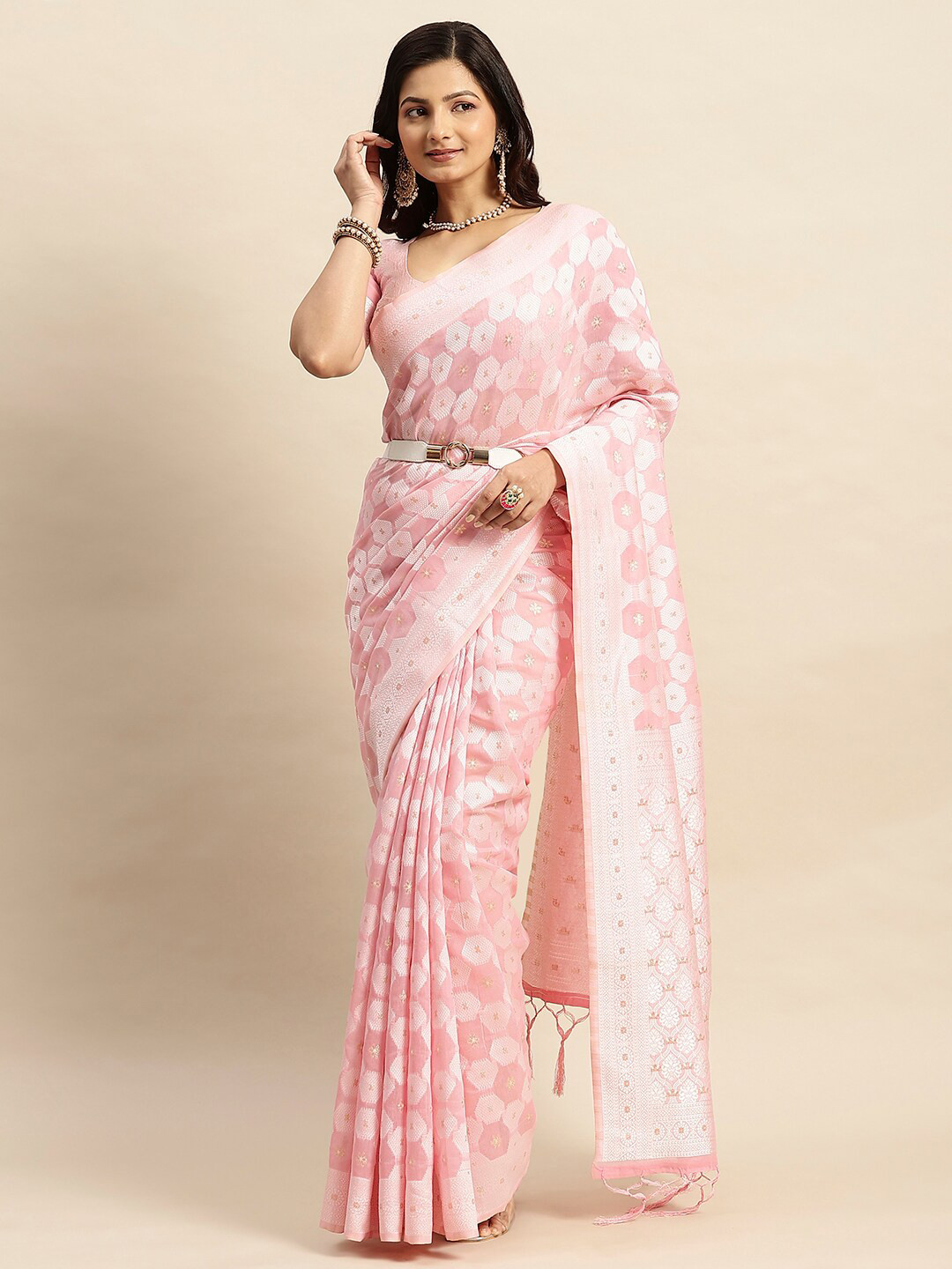 

RATAN Floral Woven Design Zari Art Silk Muga Saree, Pink