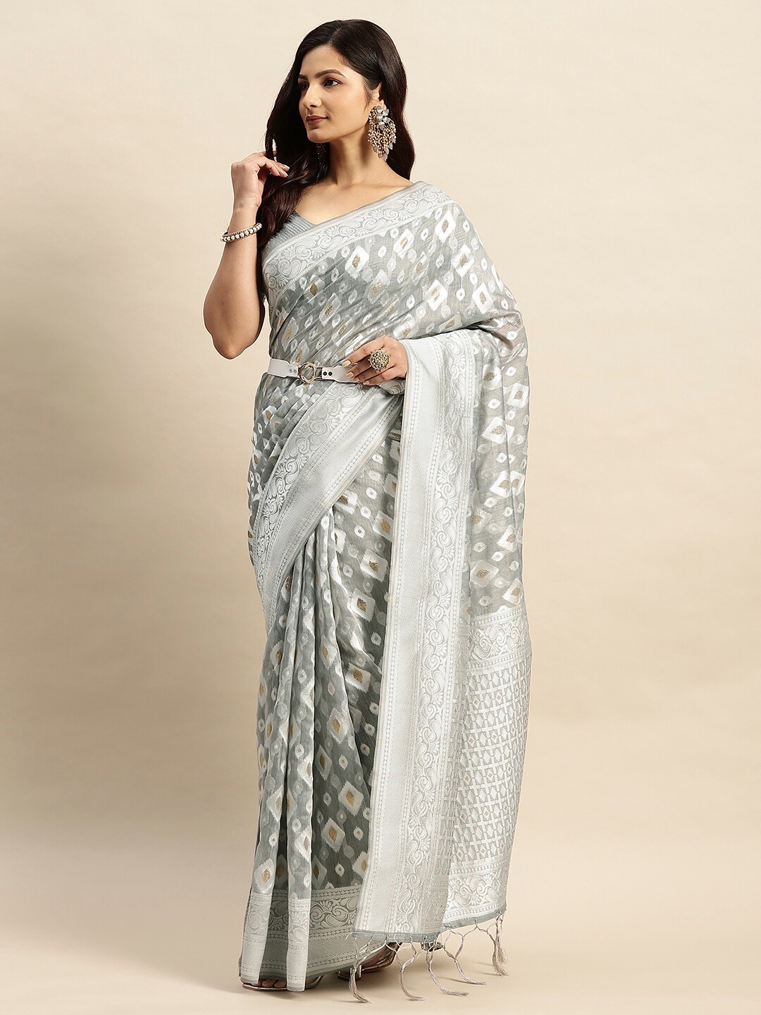 

RATAN Geometric Woven Design Zari Art Silk Muga Saree, Grey