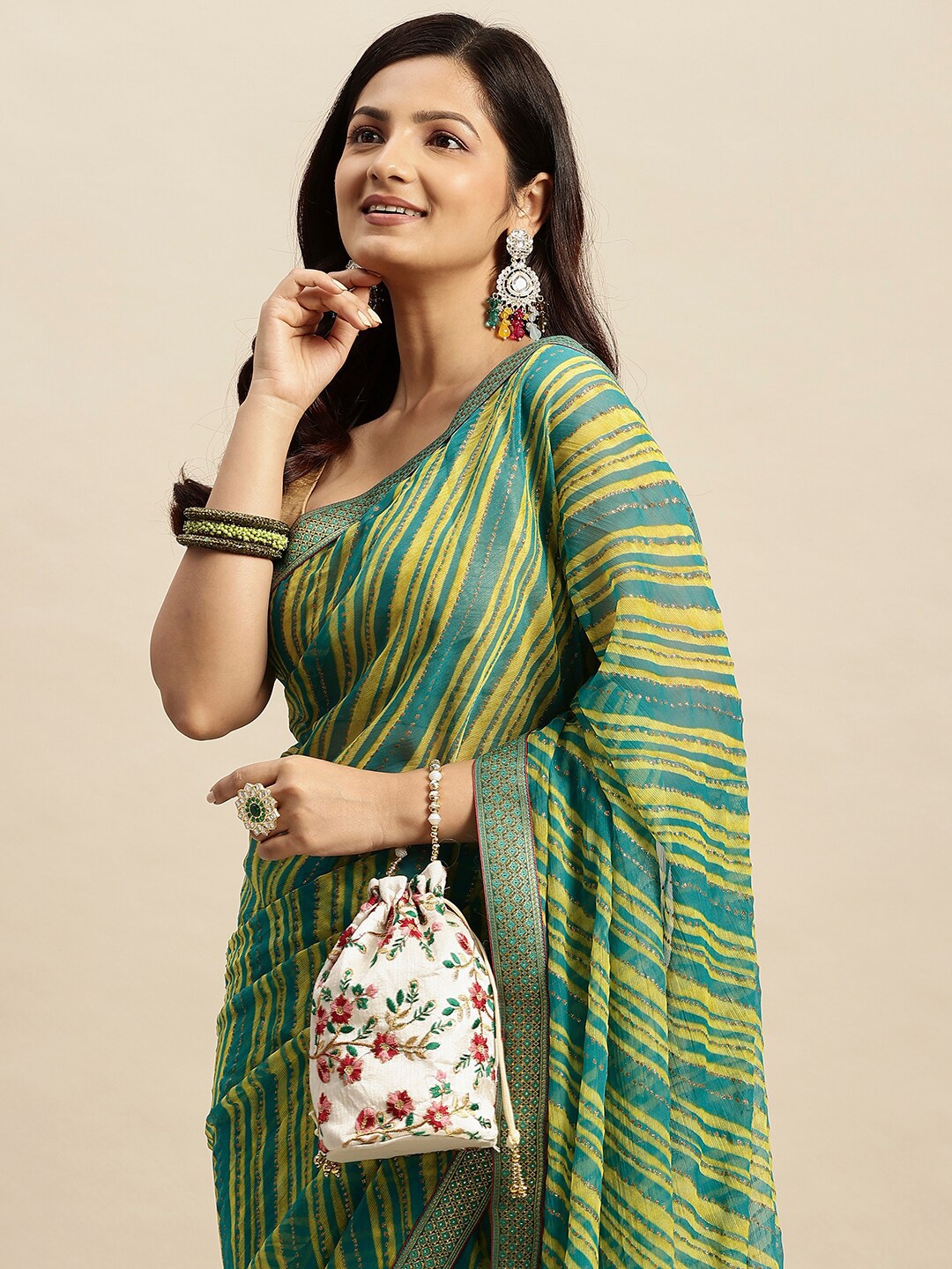 

RATAN Leheriya Printed Saree, Green